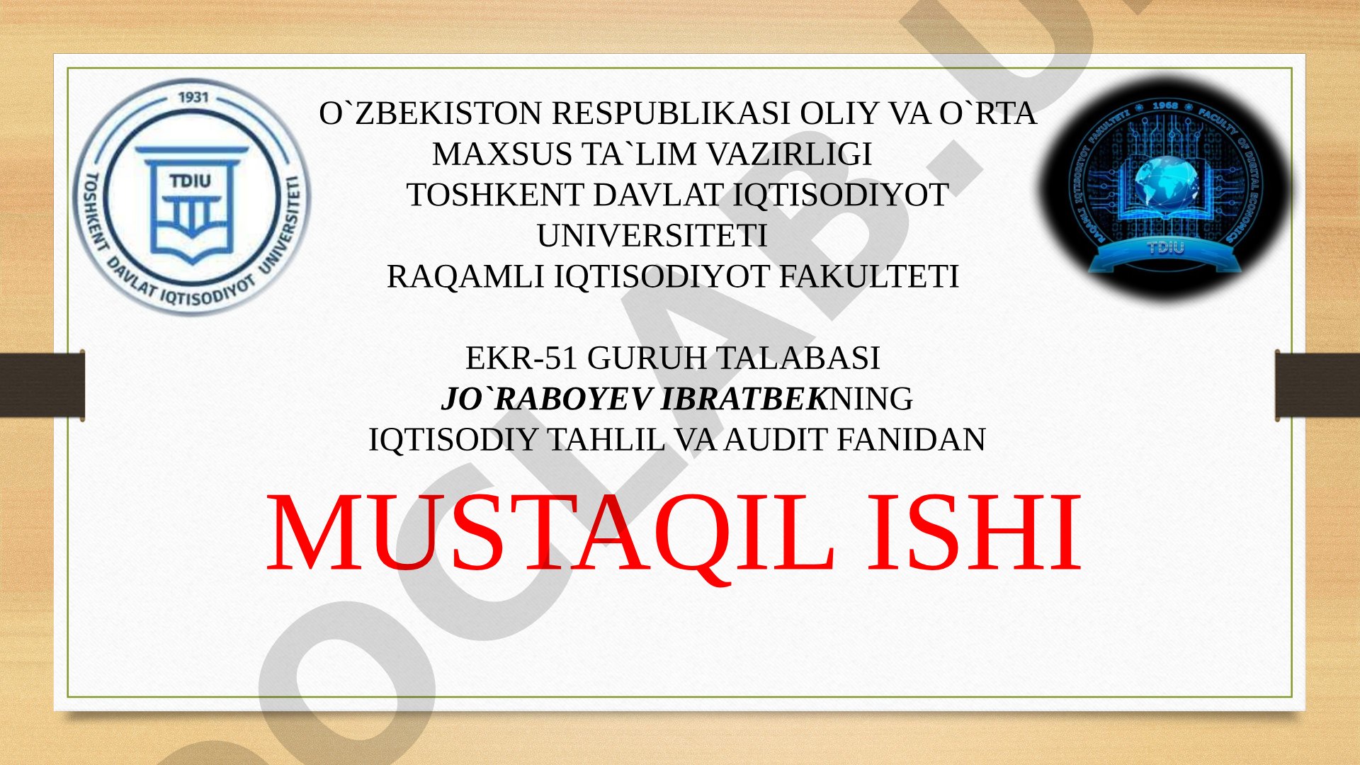 Maxsus masalalar - ayrim moliyaviy hisobotlar hamda moliyaviy hisobotdagi maxsus elemental, schyotlar yoki moddalar auditi (AXS 805)