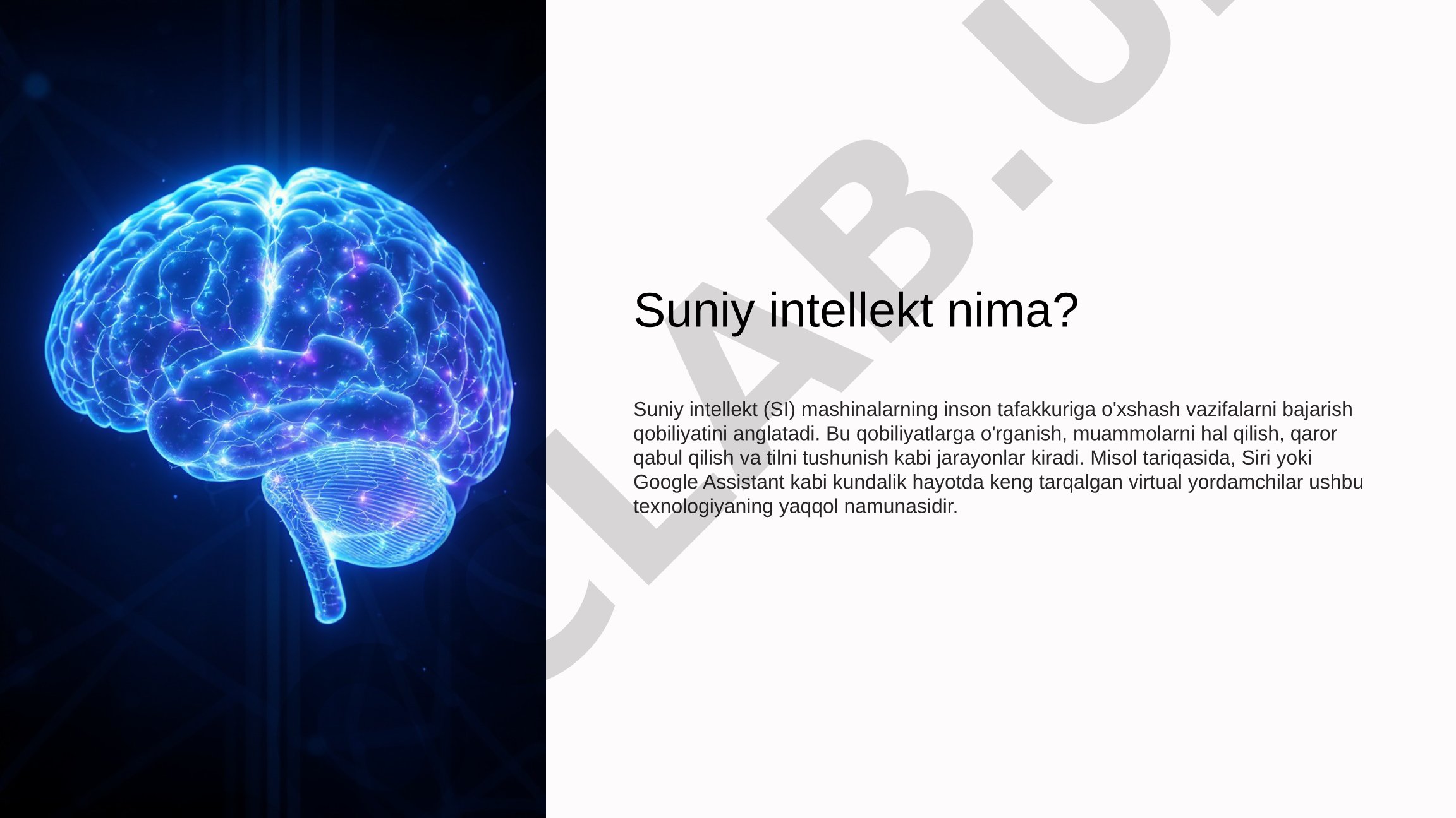 Suniy intellekt tushunchasi, tarixiy rivojlanishi va turlari yoritilgan