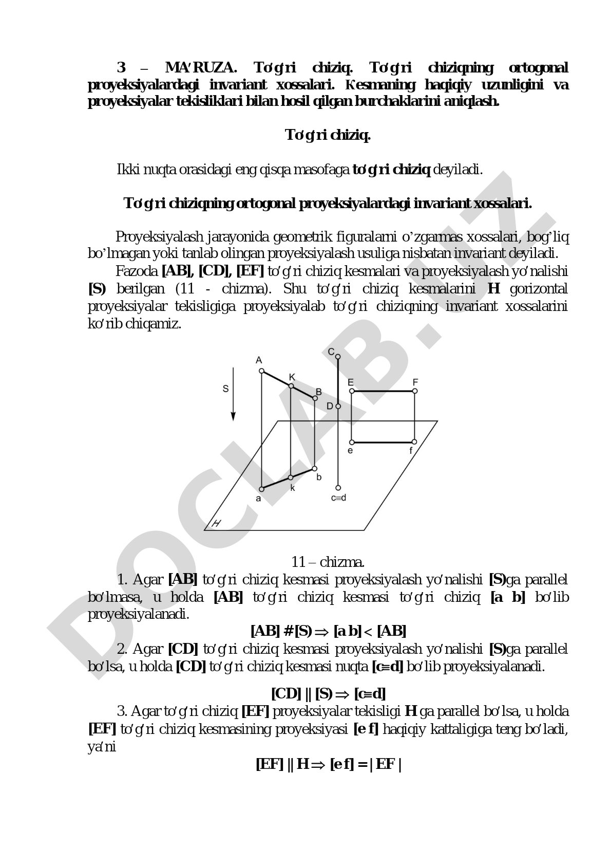To‘g‘ri chiziqning ortogonal proyeksiyalardagi invariant xossalari