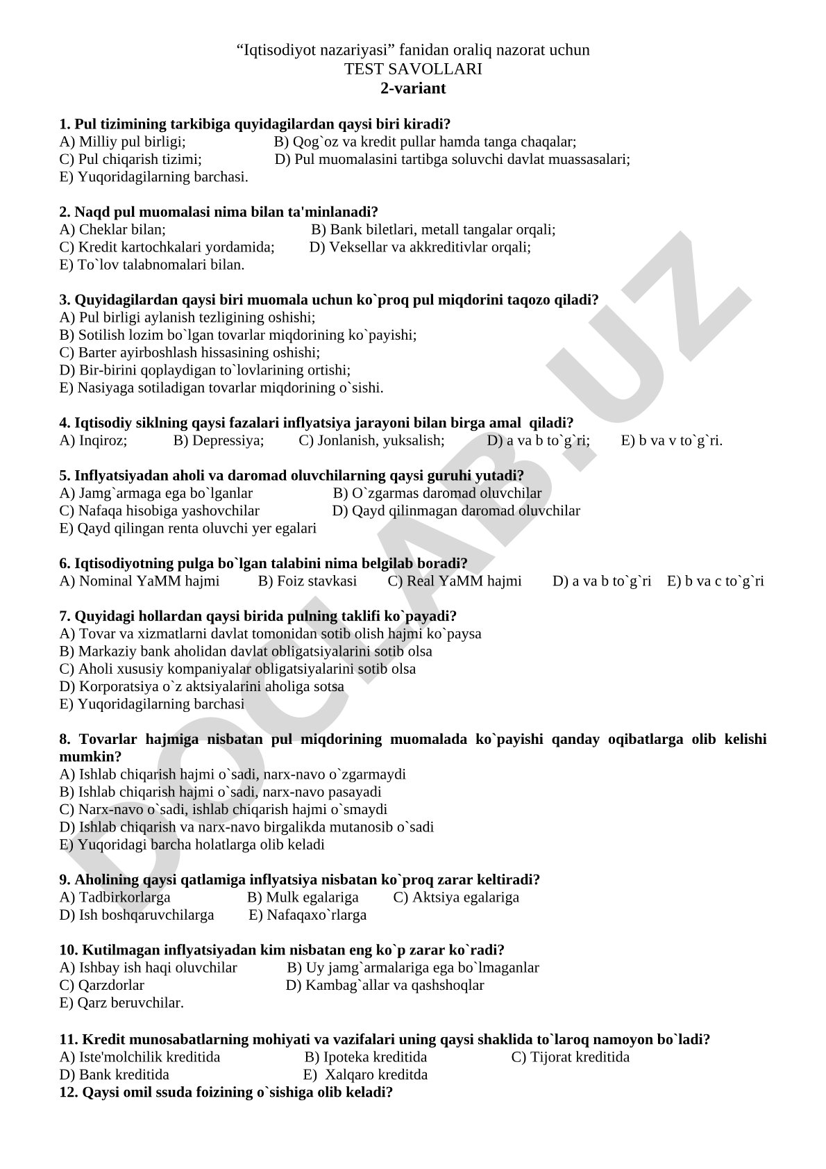 Iqtisodiyot nazariyasi fanidan oraliq nazorat test savollari