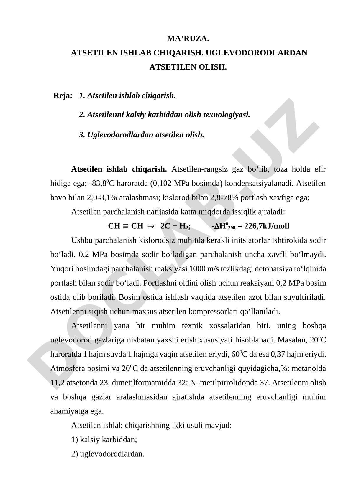Atsetilen ishlab chiqarish. Uglevodorodlardan atsetilen olish