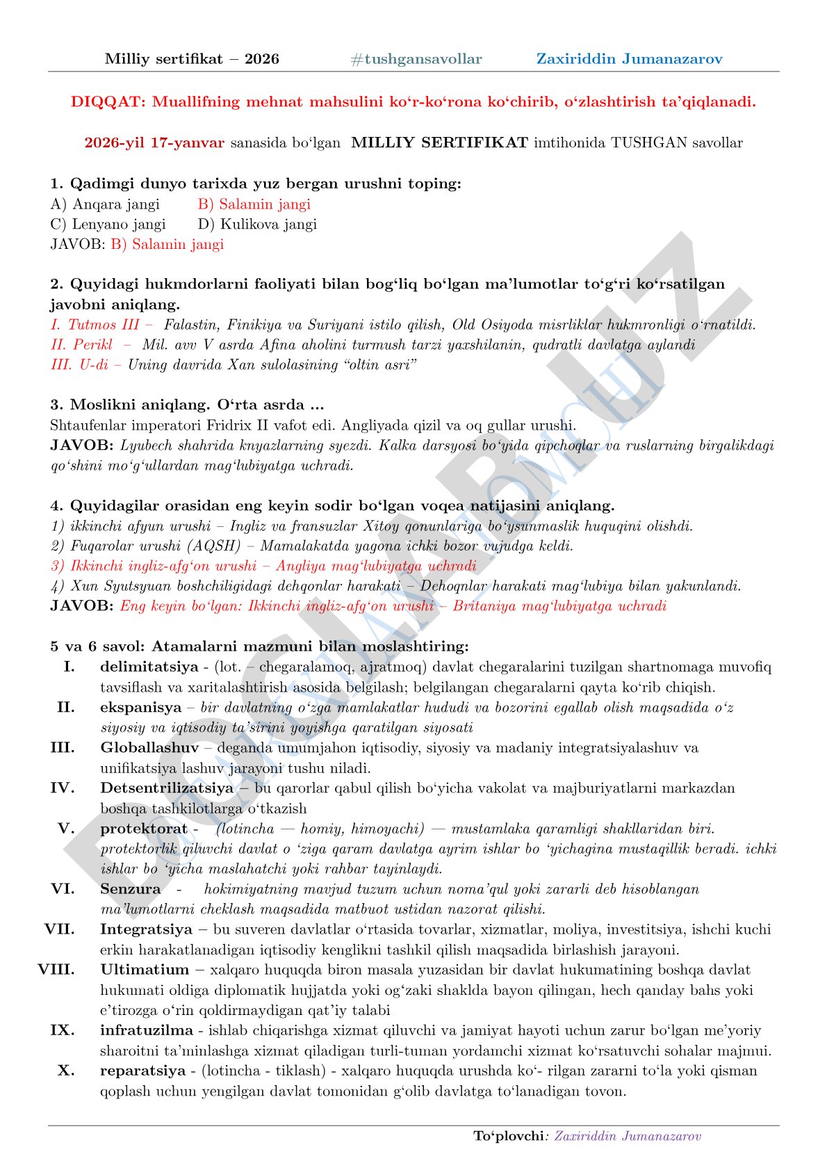 2026-yil Milliy sertifikat imtihonida tushgan tarix savollari