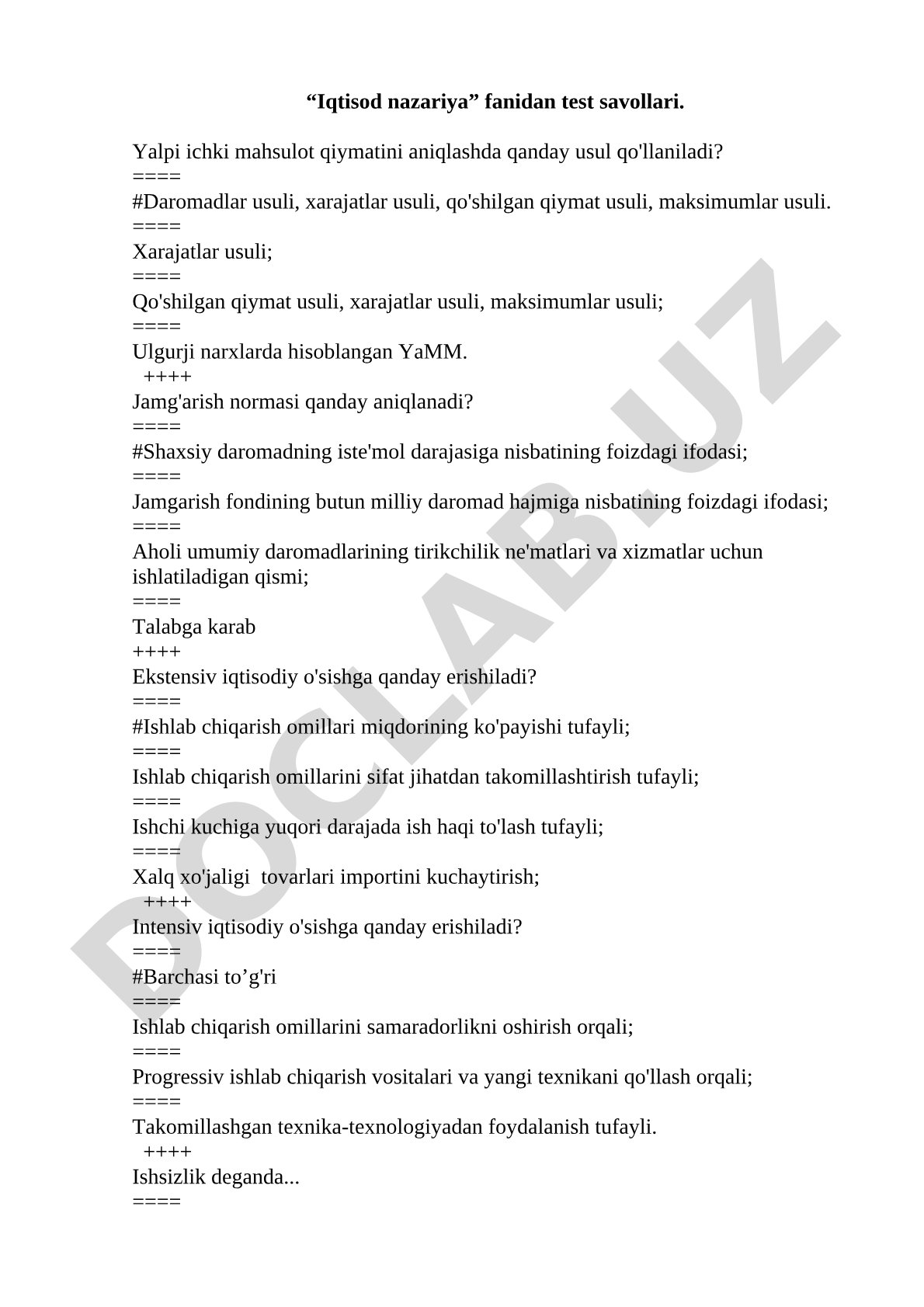 Iqtisod nazariya fanidan test savollari