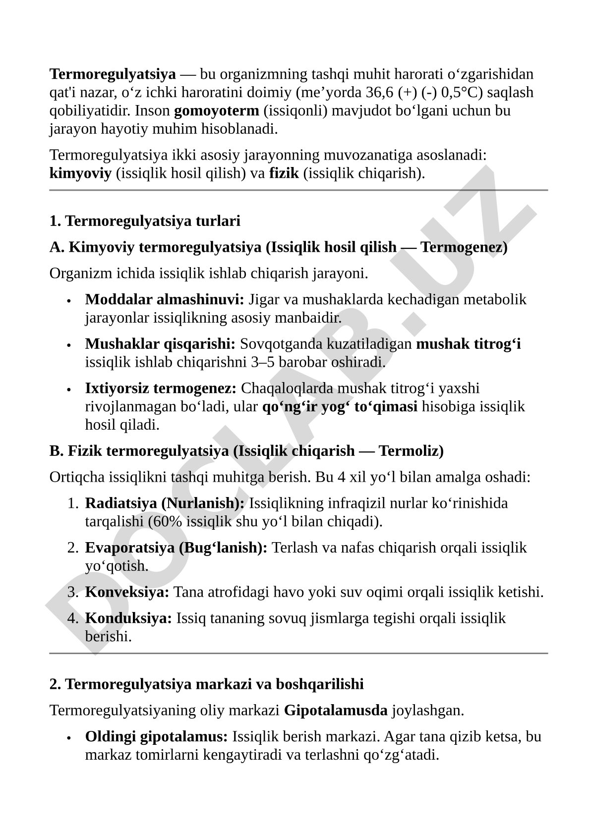 Termoregulyatsiya turlari va mexanizmlari