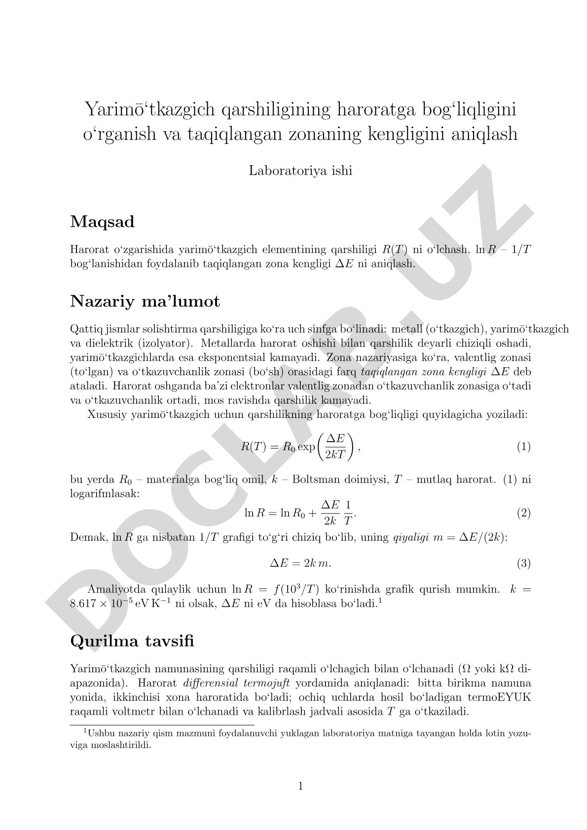 Yarim o‘tkazgich qarshiligining haroratga bog‘liqligini o‘rganish va taqiqlangan zonaning kengligini aniqlash