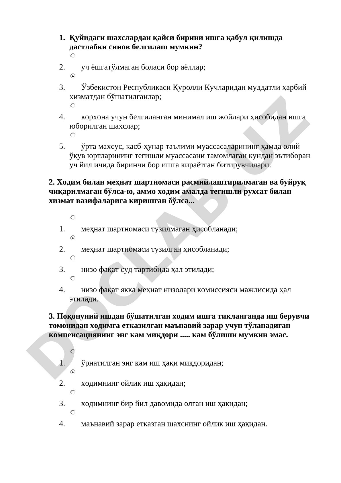 Меҳнат қонунчилиги бўйича тест саволлари