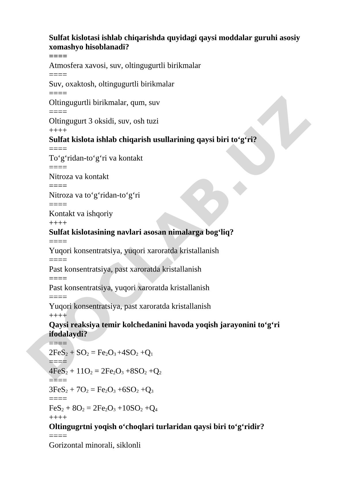 Sulfat kislotasi ishlab chiqarish test savollari