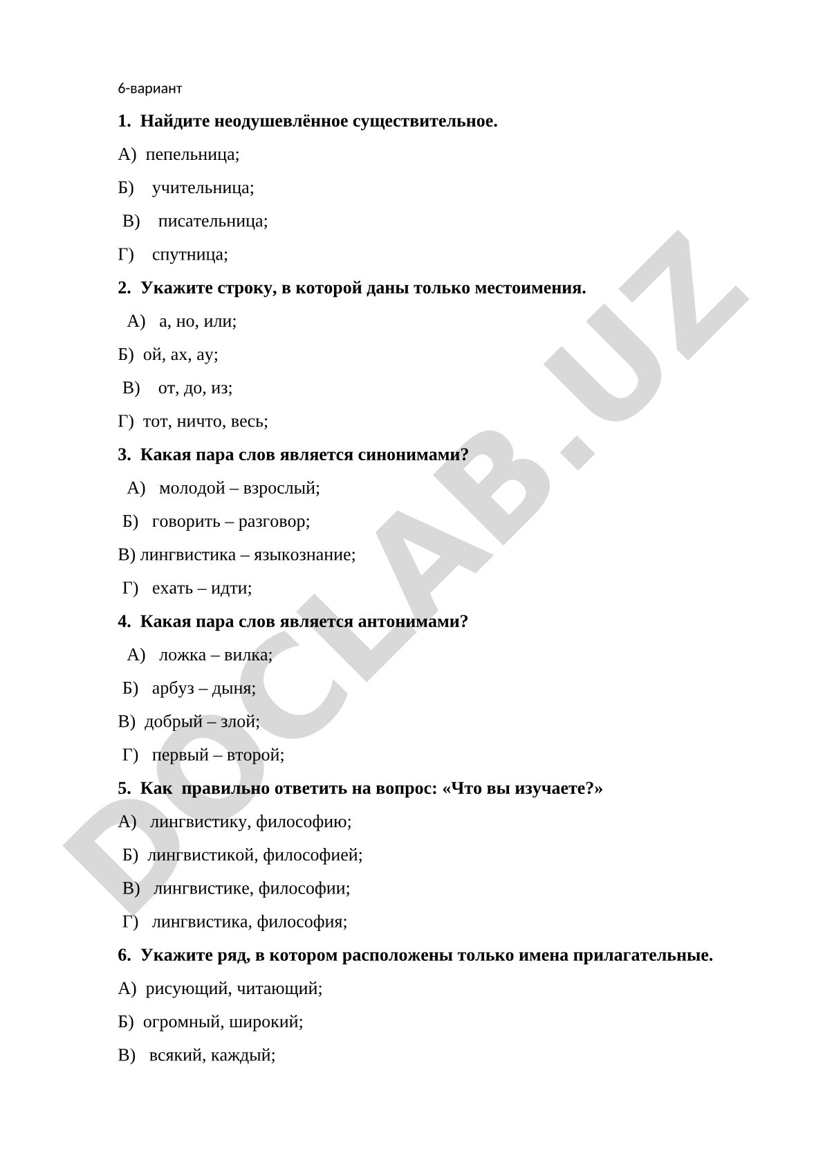 Тест по русскому языку (6 вариант)
