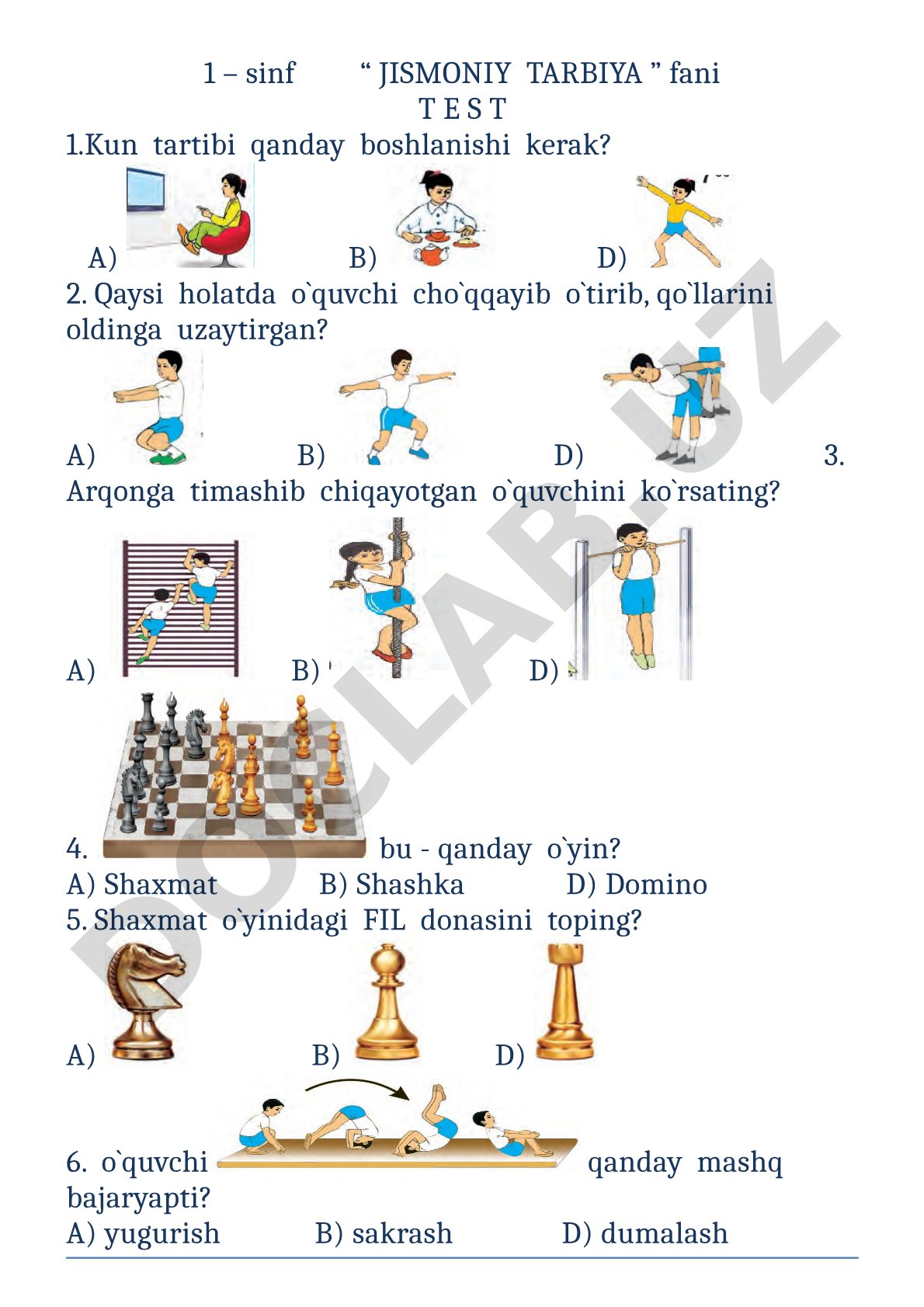 1-sinf Jismoniy tarbiya fani test savollari