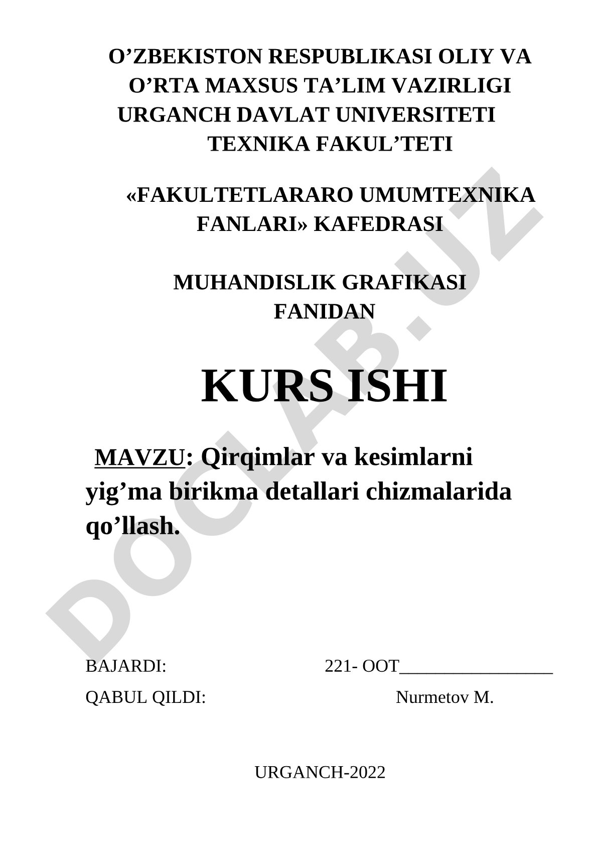 Qirqimlar va kesimlarni yig'ma birikma detallari chizmalarida qo'llash