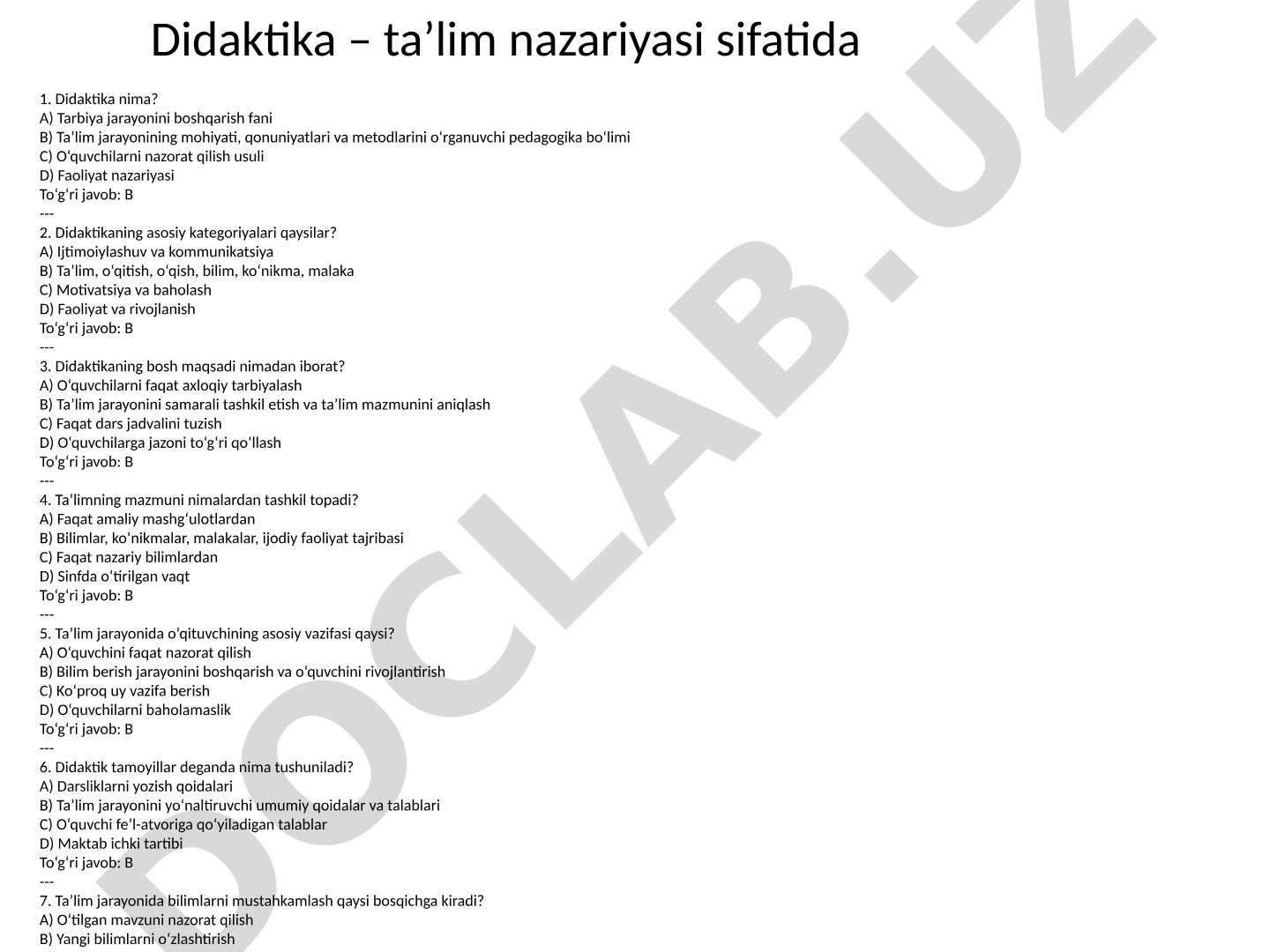 Didaktika asoslari test savollari