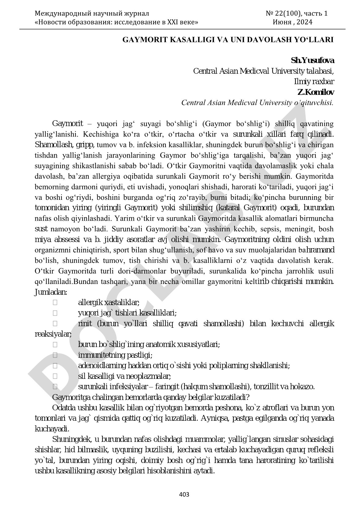 Gaymorit kasalligi va uni davolash yo‘llari