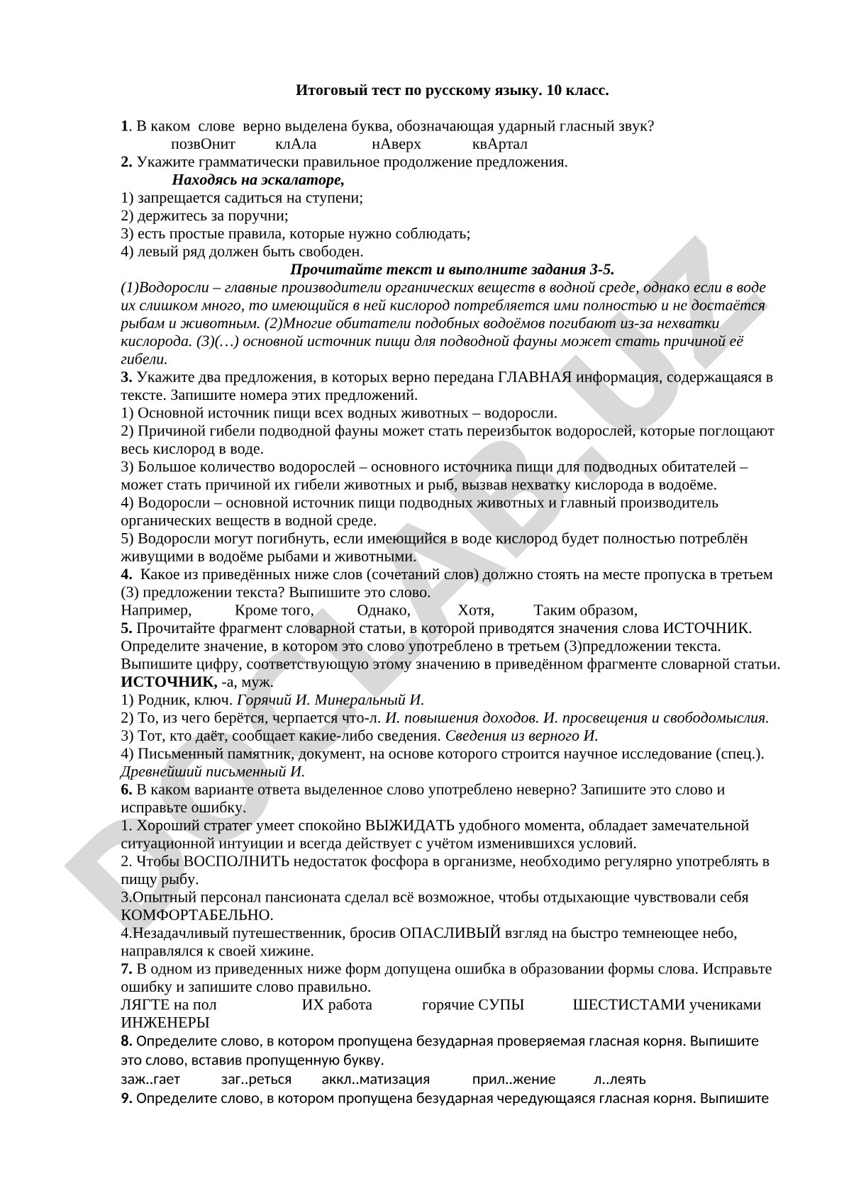 Итоговый тест по русскому языку. 10 класс