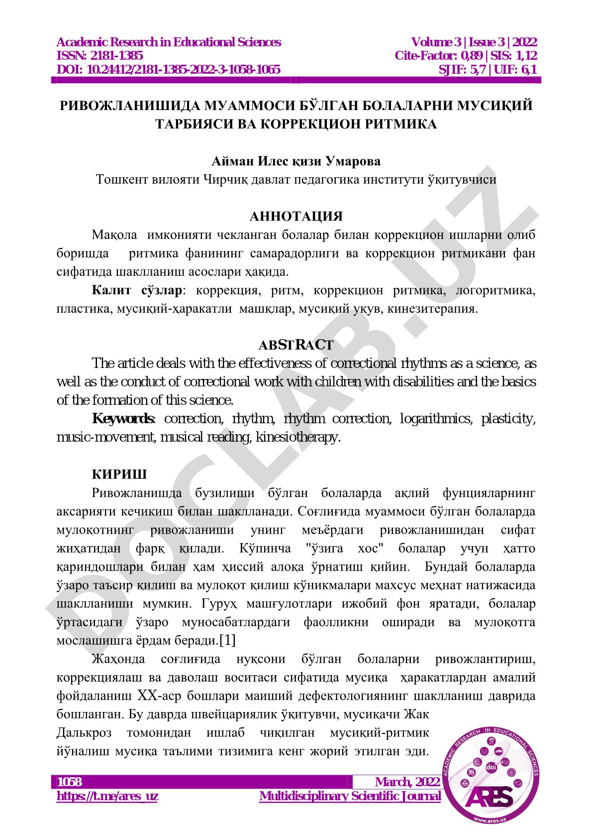 Ривожланишида муаммоси бўлган болаларни мусиқий тарбияси ва коррекцион ритмика
