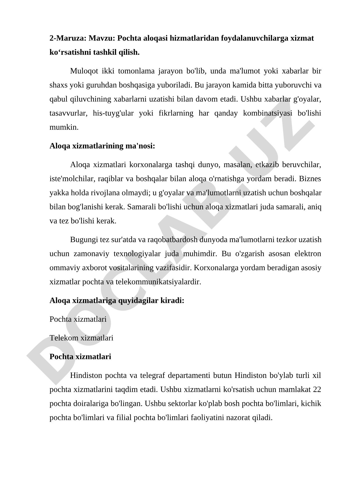 Pochta aloqasi hizmatlaridan foydalanuvchilarga xizmat ko‘rsatishni tashkil qilish
