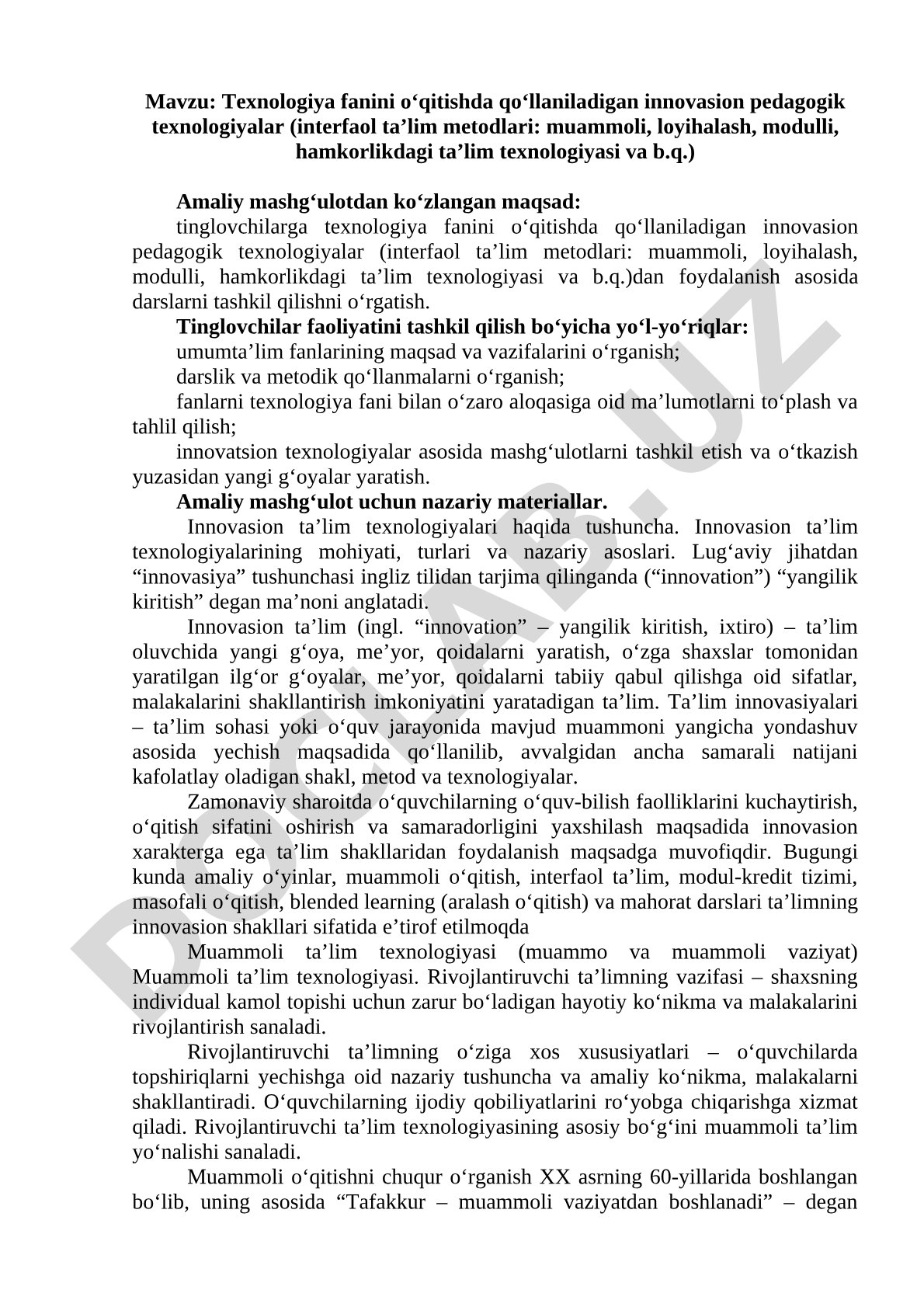 Texnologiya fanini o‘qitishda qo‘llaniladigan innovasion pedagogik texnologiyalar