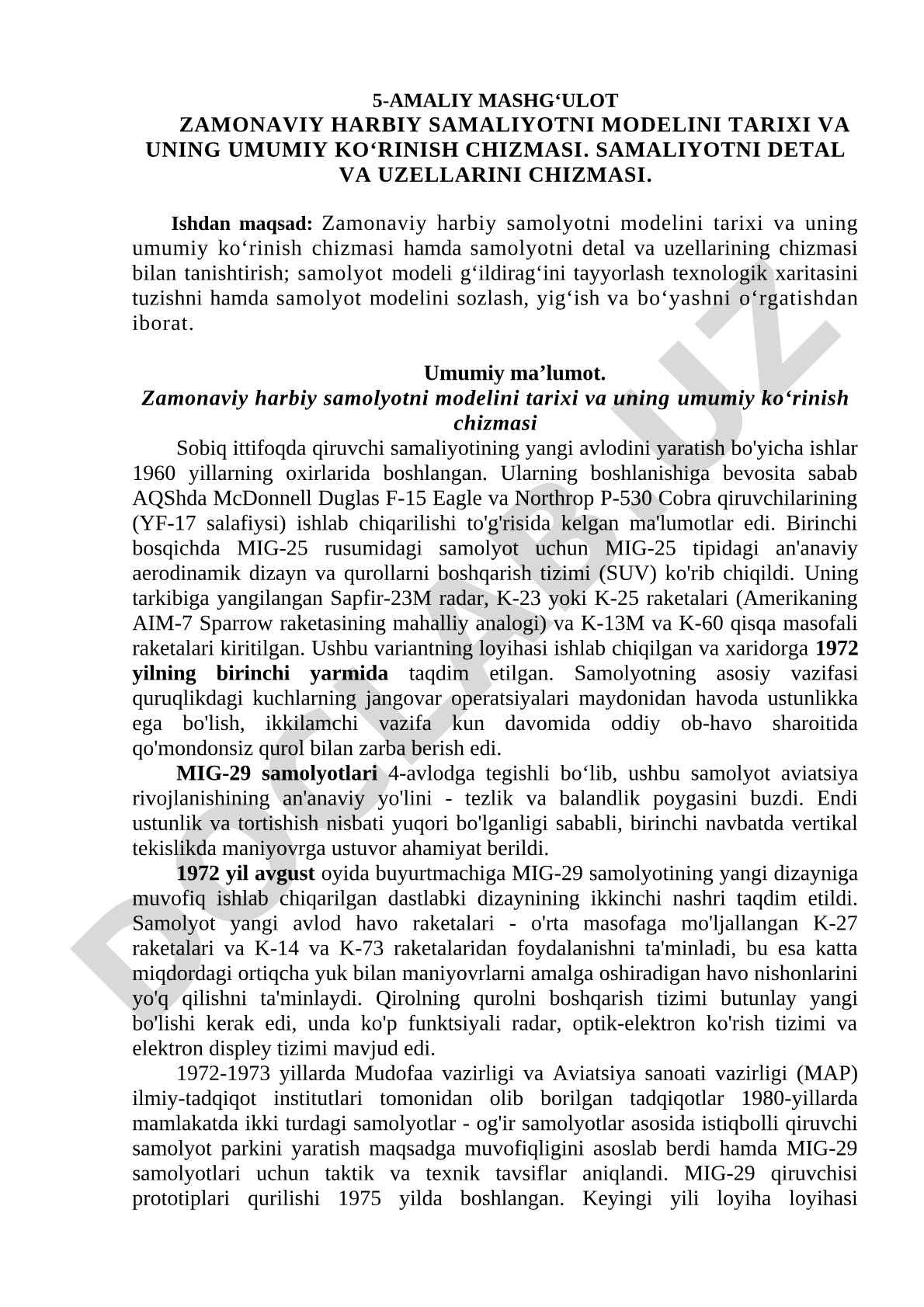 Zamonaviy harbiy samolyotni modelini tarixi va uning umumiy ko‘rinish chizmasi