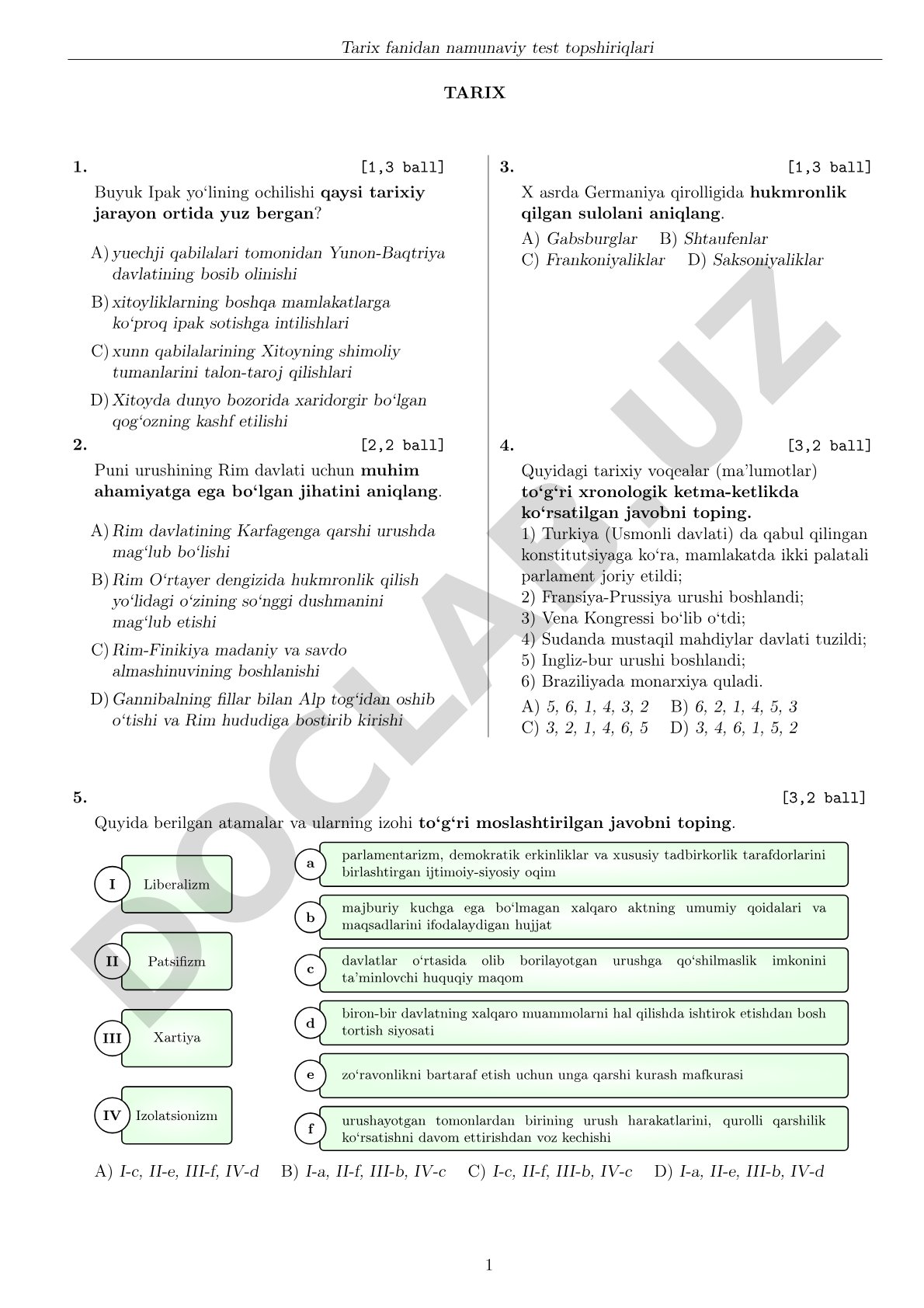 Tarix fanidan namunaviy test topshiriqlari