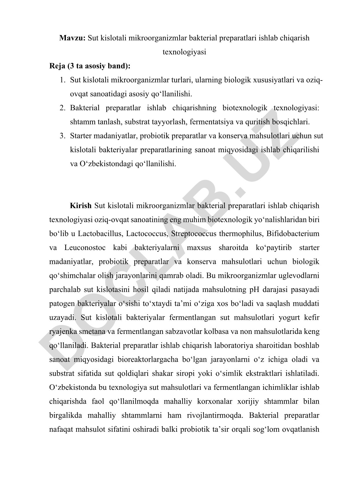 Sut kislotali mikroorganizmlar bakterial preparatlari ishlab chiqarish texnologiyasi