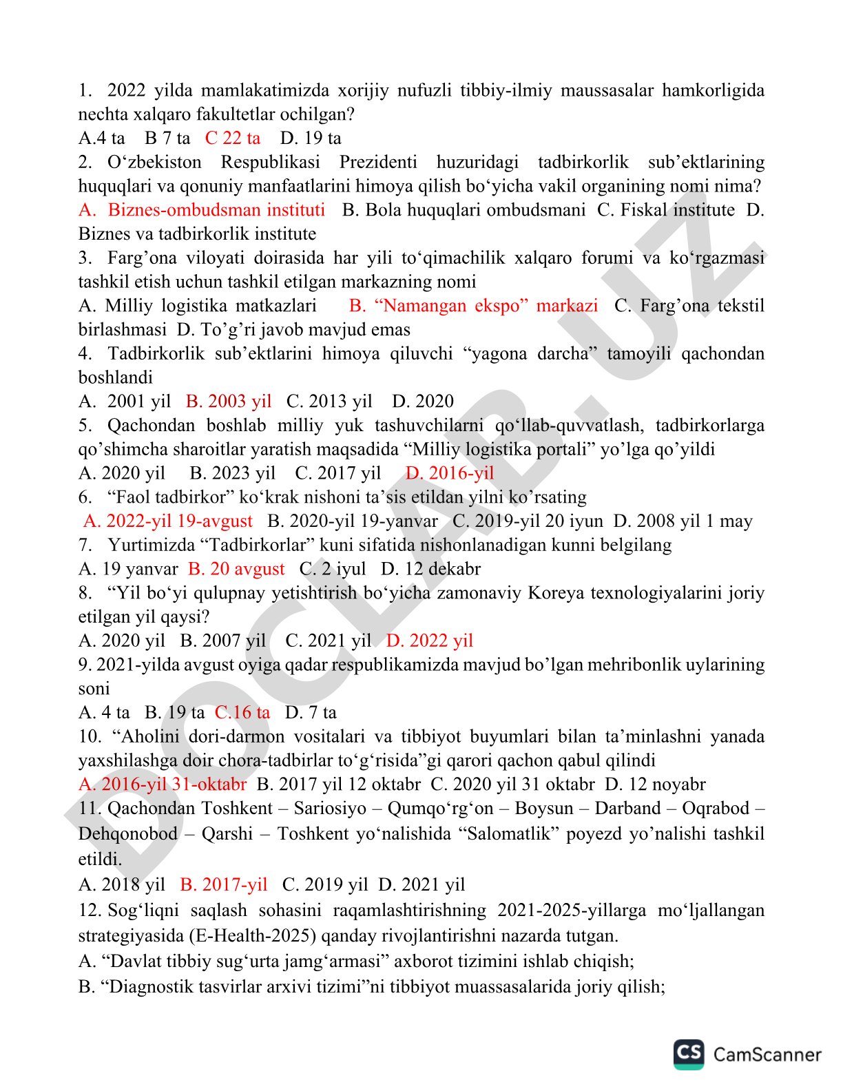O'zbekistonda tadbirkorlik va biznesni qo'llab-quvvatlashga oid test savollari