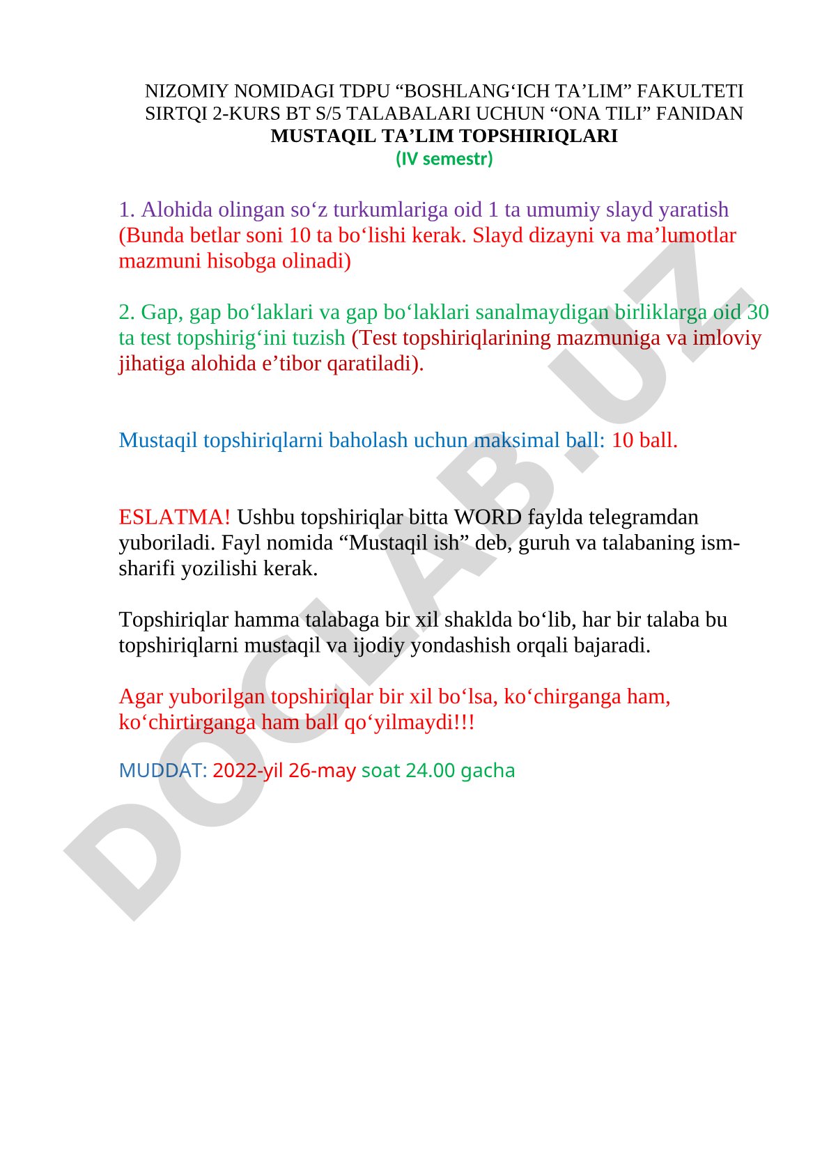 Ona tili fanidan mustaqil ta'lim topshiriqlari