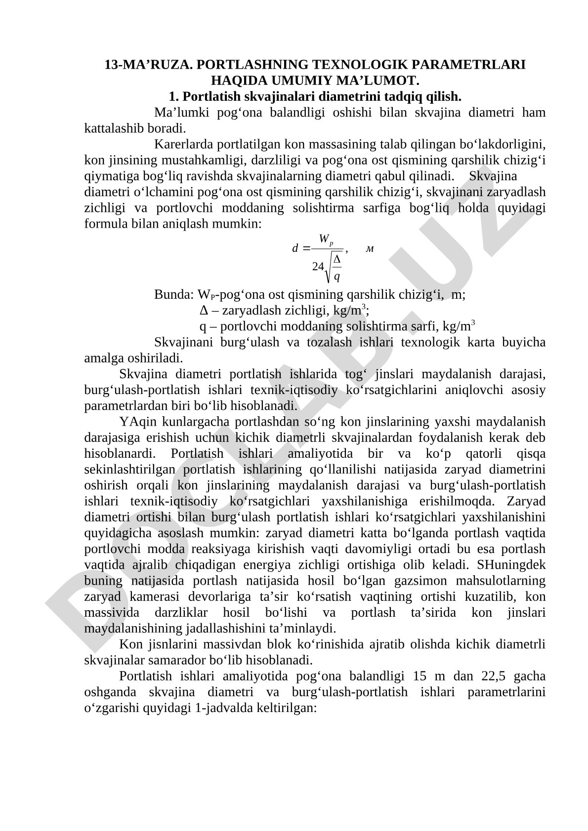 13-ma’ruza. Portlashning texnologik parametrlari haqida umumiy ma’lumot.