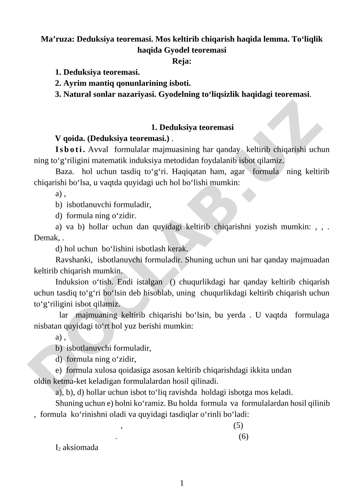 Deduksiya teoremasi. Mos keltirib chiqarish haqida lemma. To‘liqlik haqida Gyodel teoremasi