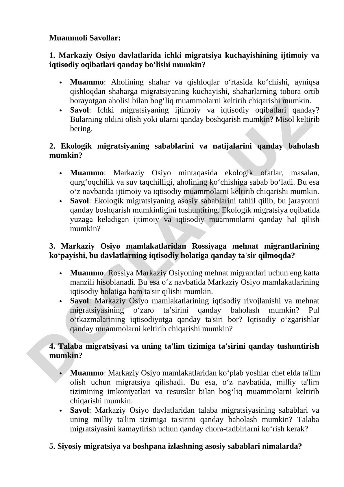 Markaziy Osiyo davlatlarida migratsiya muammolari
