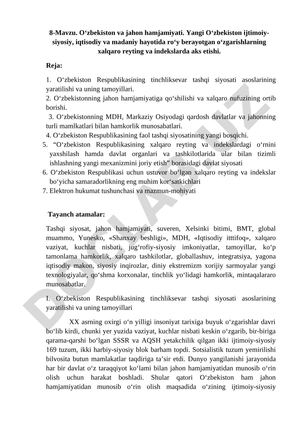 O‘zbekiston va jahon hamjamiyati. Yangi O‘zbekiston ijtimoiy-siyosiy, iqtisodiy va madaniy hayotida roʻy berayotgan oʻzgarishlarning xalqaro reyting va indekslarda aks etishi