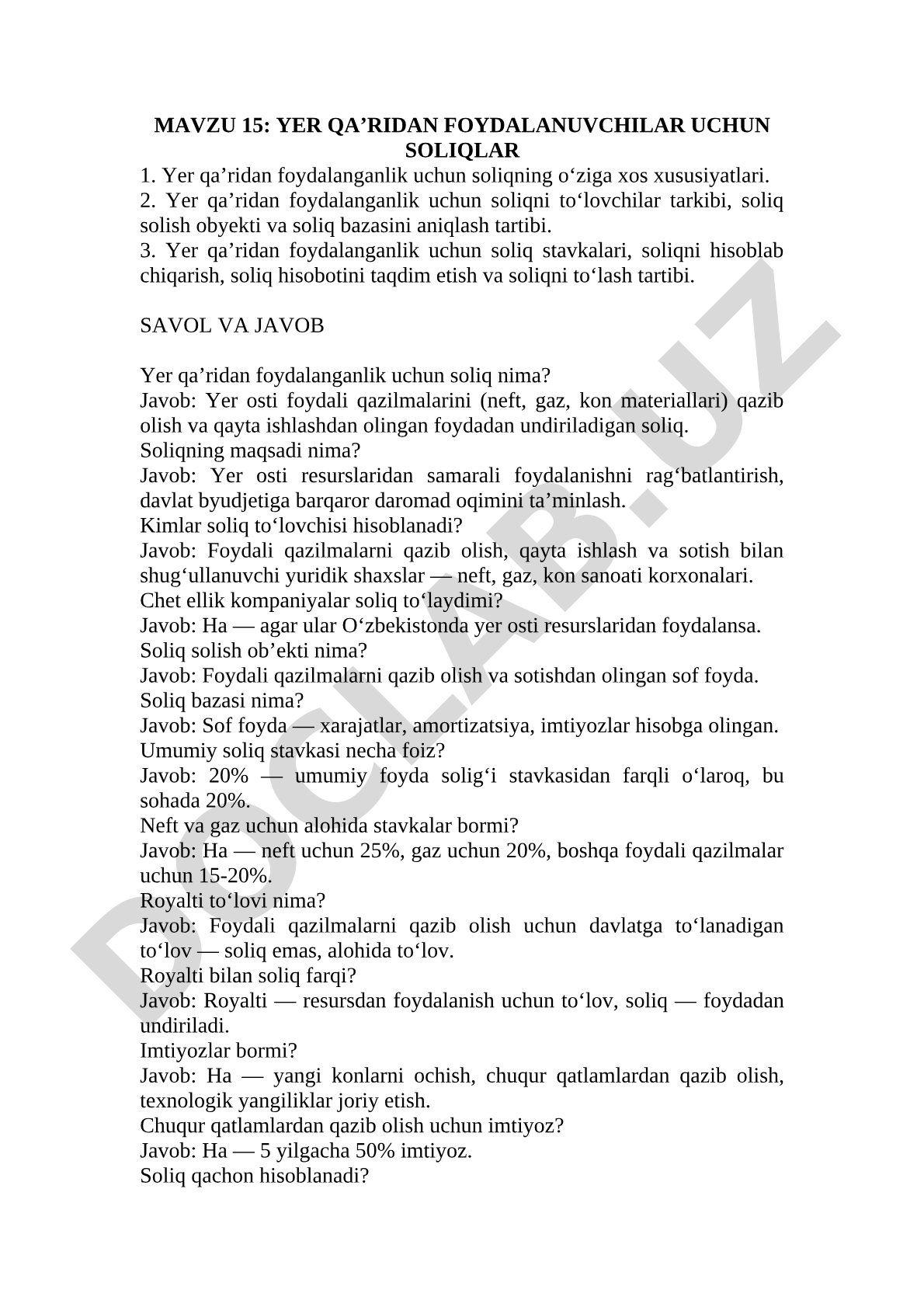 MAVZU 15: YER QA’RIDAN FOYDALANUVCHILAR UCHUN SOLIQLAR 1