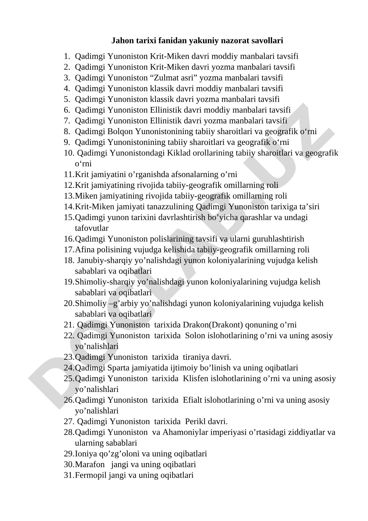Qadimgi Yunoniston tarixi bo'yicha nazorat savollari