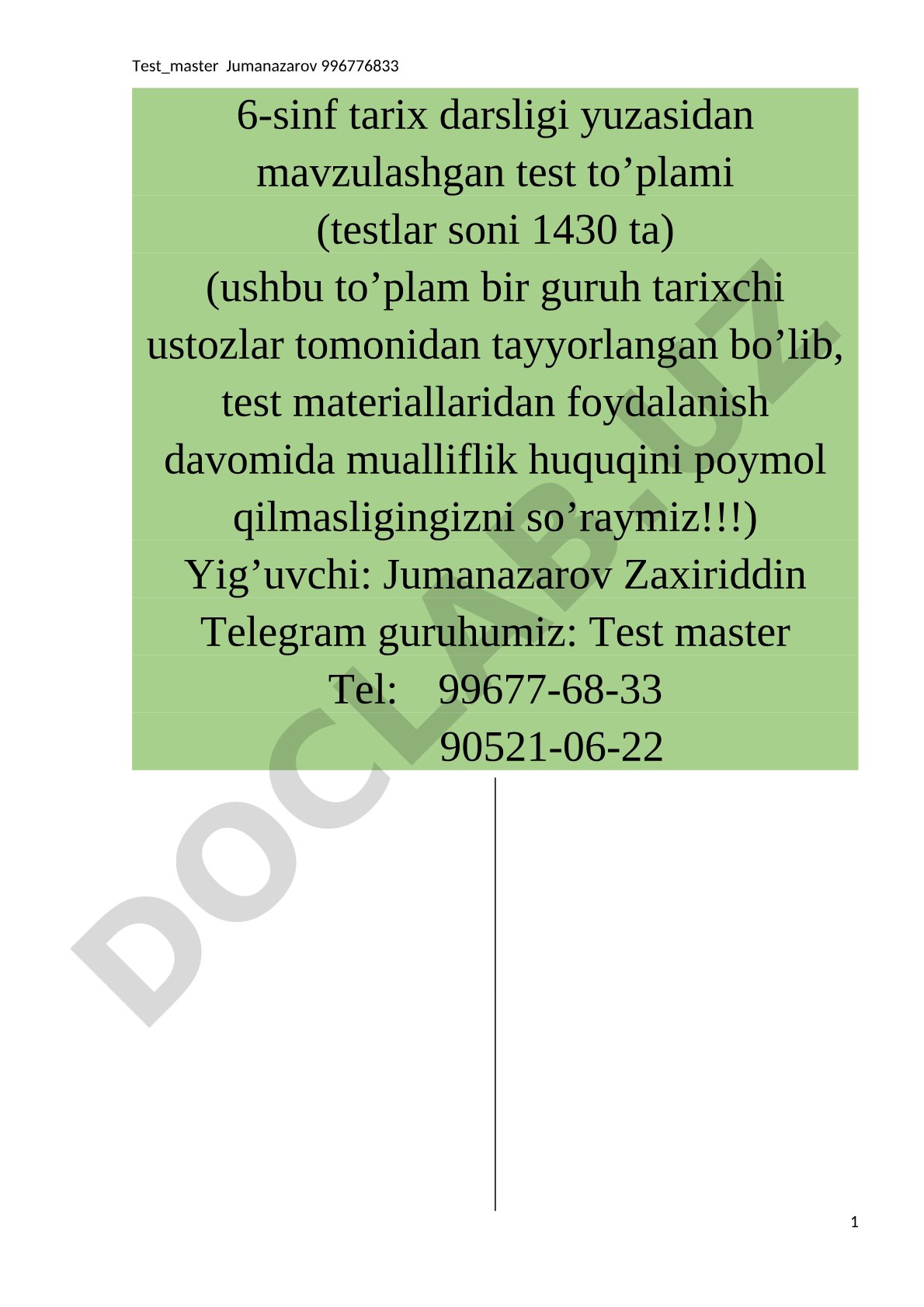 6-sinf tarix darsligi yuzasidan test to'plami