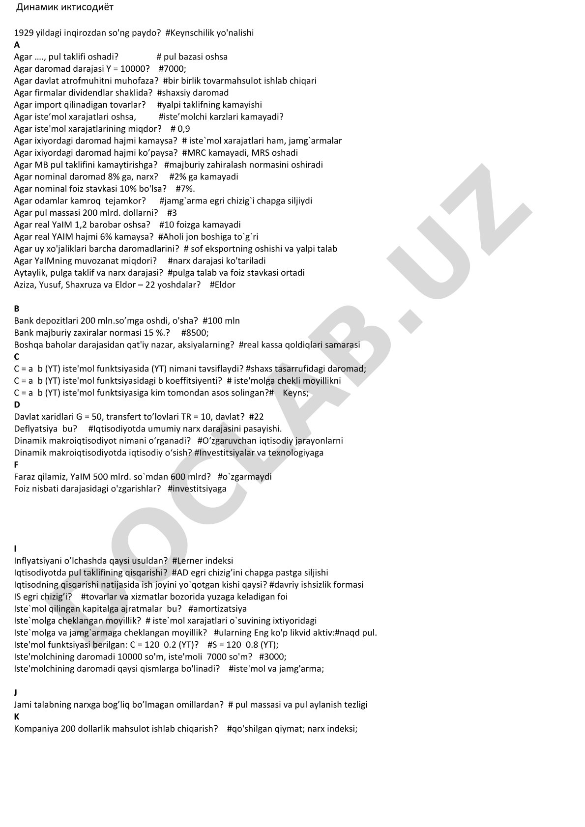 Dinamik iqtisodiyot fanidan test savollari