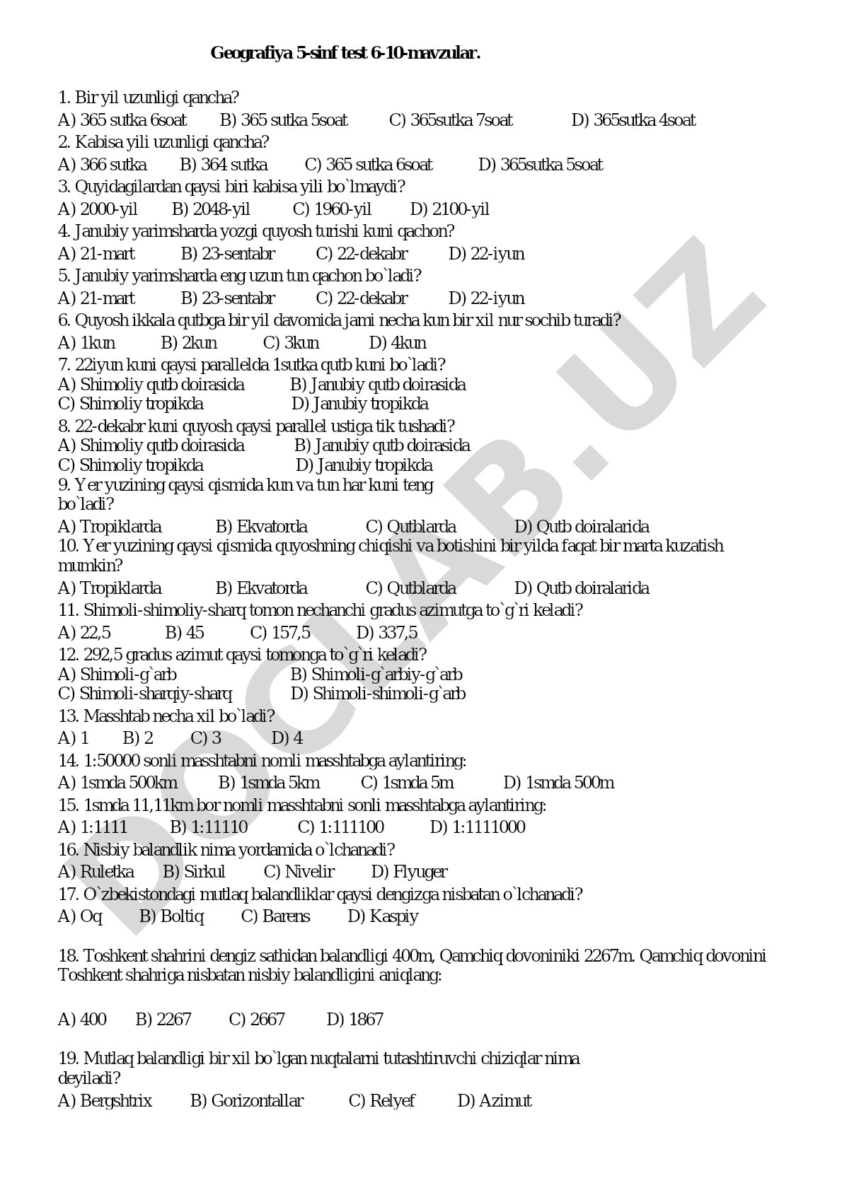 Geografiya 5-sinf test 6-10-mavzular