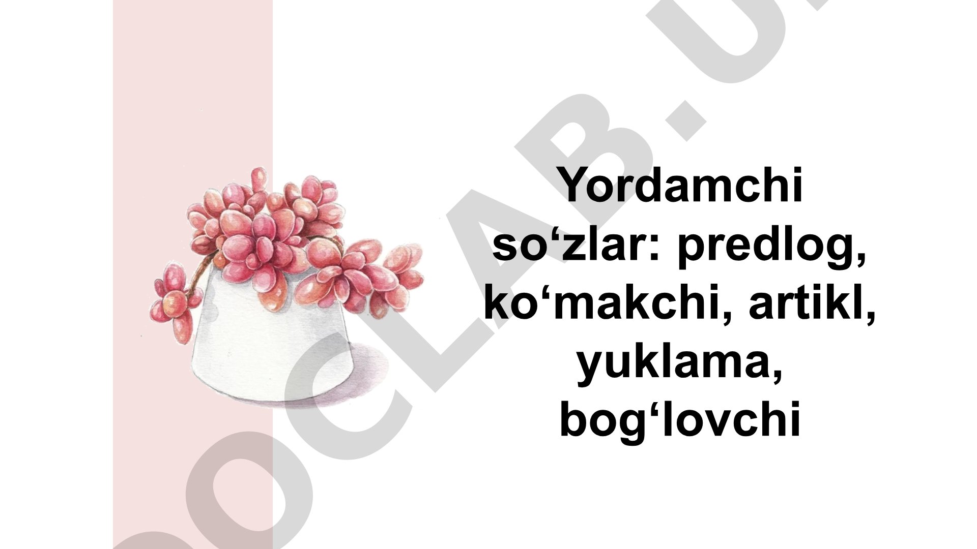 Yordamchi soʻzlar: predlog, koʻmakchi, artikl, yuklama, bogʻlovchi