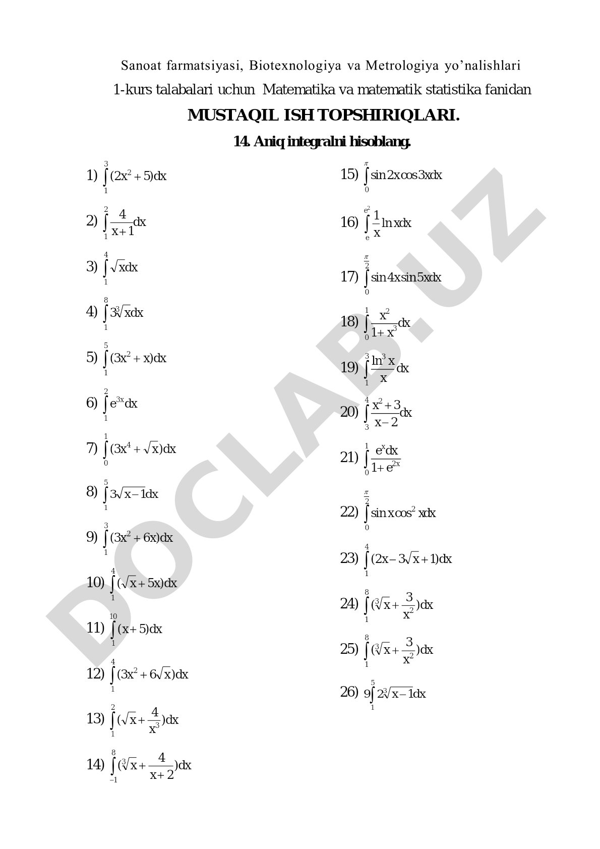 Matematika va matematik statistika fanidan mustaqil ish topshiriqlari