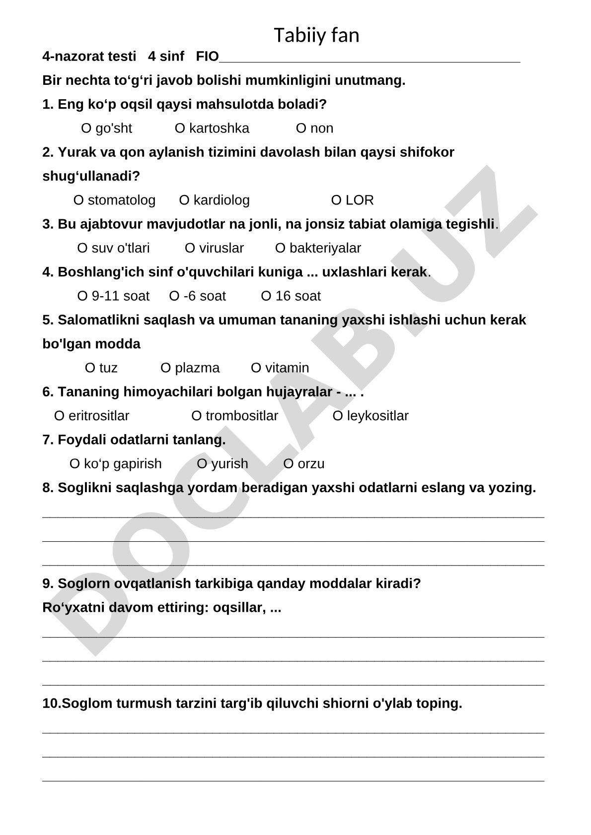 4-sinf salomatlik va ovqatlanish testi