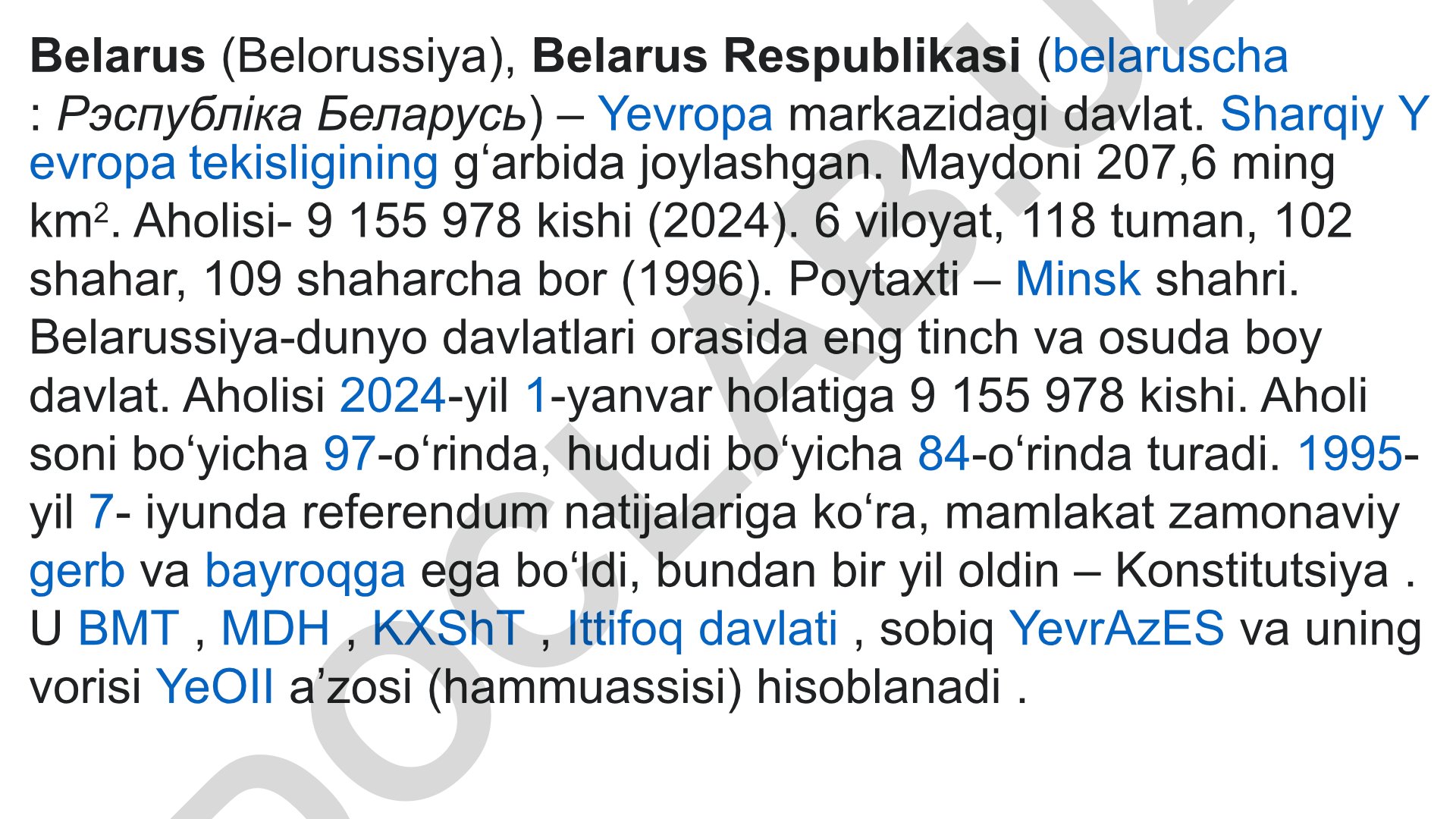 Belarus Respublikasi: geografik va demografik xususiyatlar