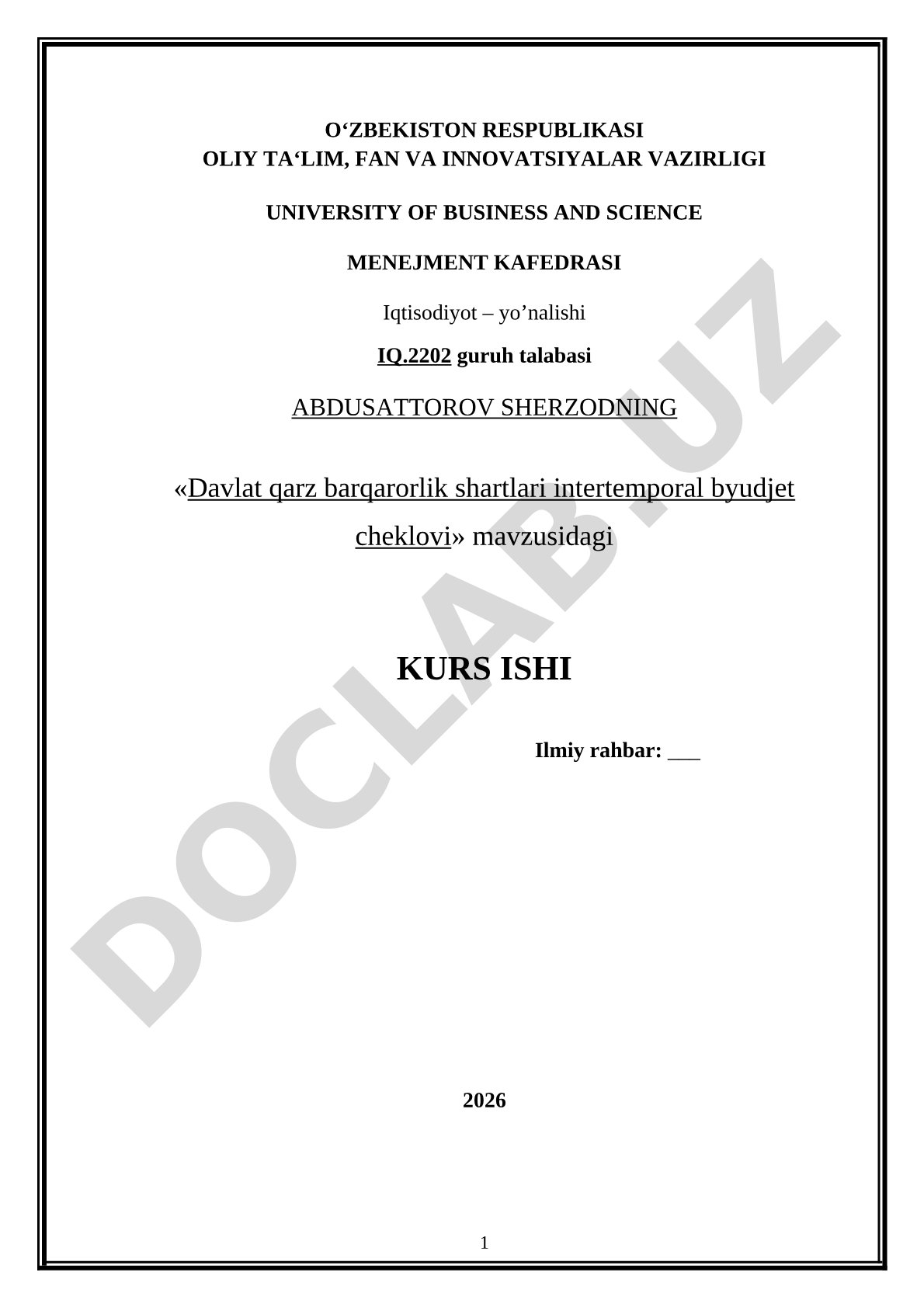 Davlat qarz barqarorlik shartlari intertemporal byudjet cheklovi