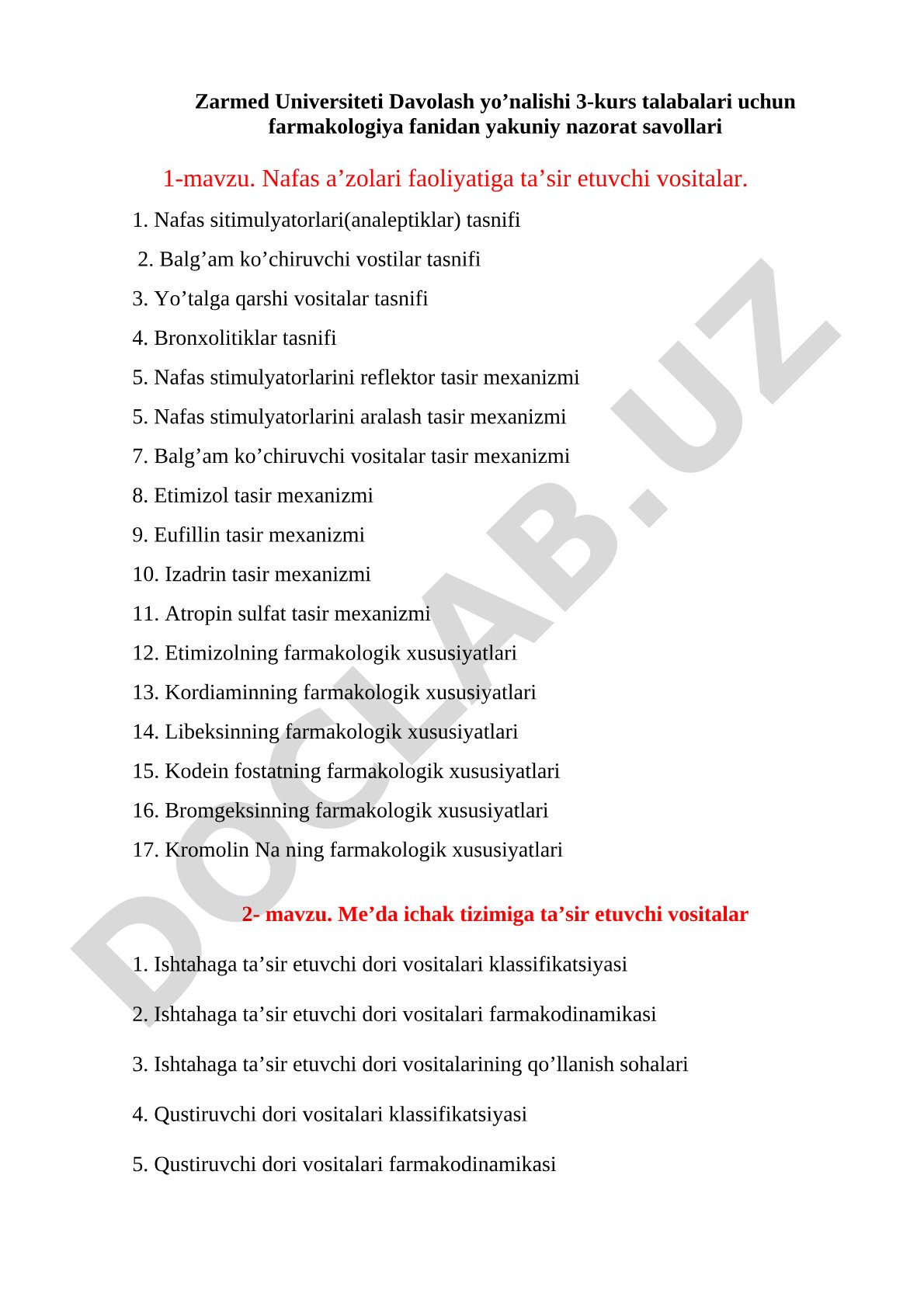 Farmakologiya fanidan yakuniy nazorat savollari
