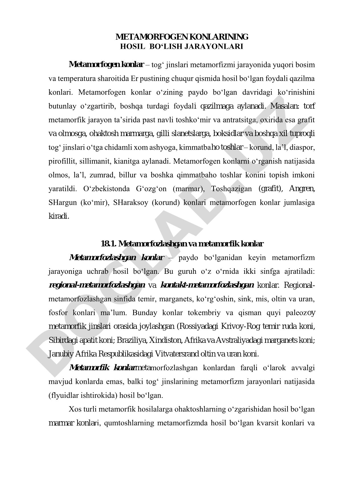 Metamorfogen konlarining hosil bo'lish jarayonlari