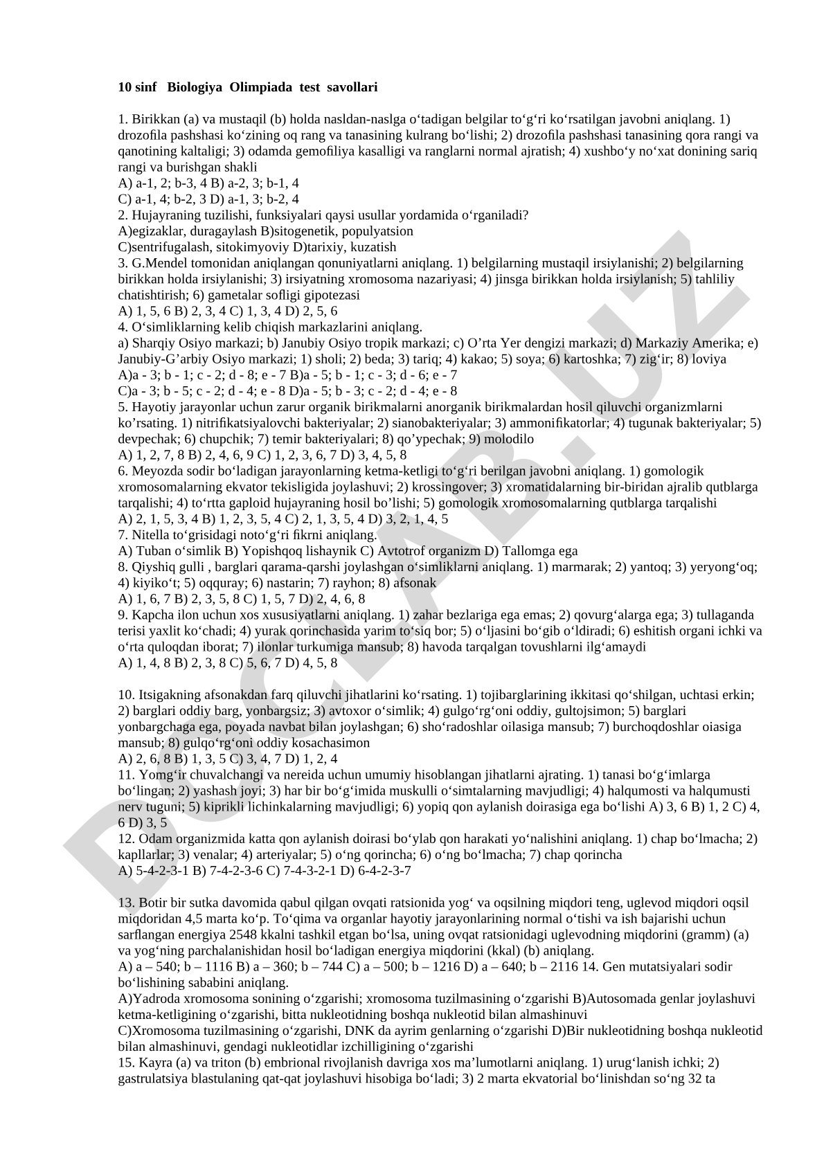 10 sinf Biologiya Olimpiada test savollari