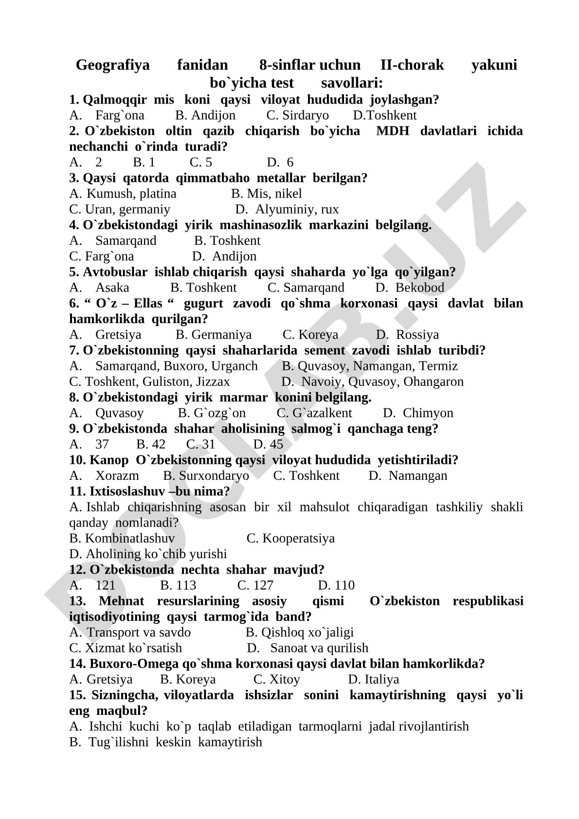 Geografiya fanidan 8-sinflar uchun II-chorak yakuni bo`yicha test savollari
