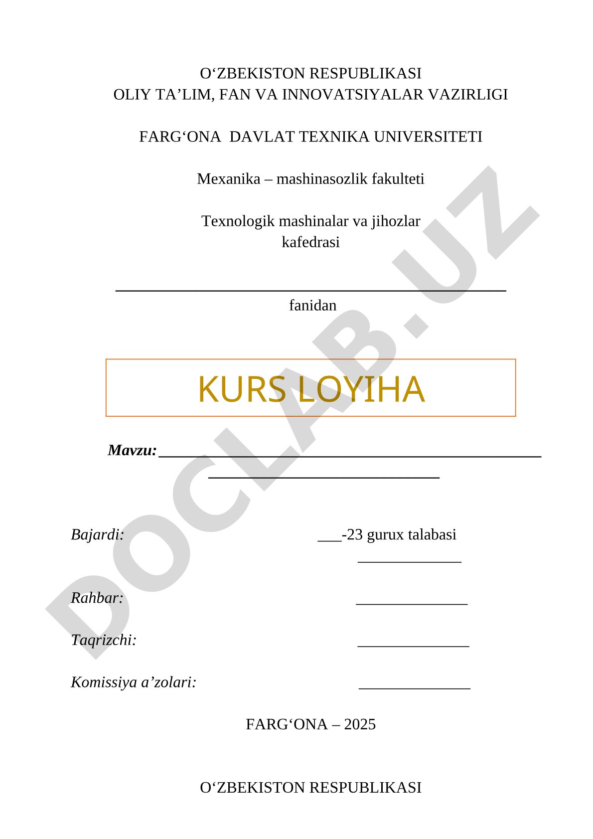 Farg'ona davlat texnika universiteti kurs loyihasi topshiriq varaqasi