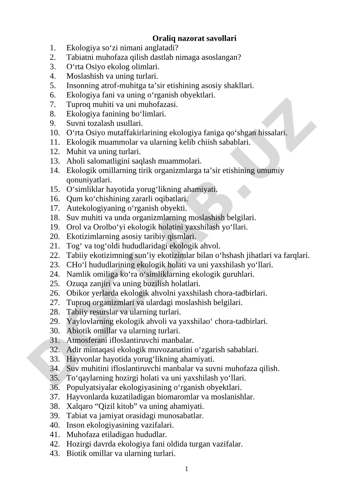 Ekologiya fanidan oraliq nazorat savollari
