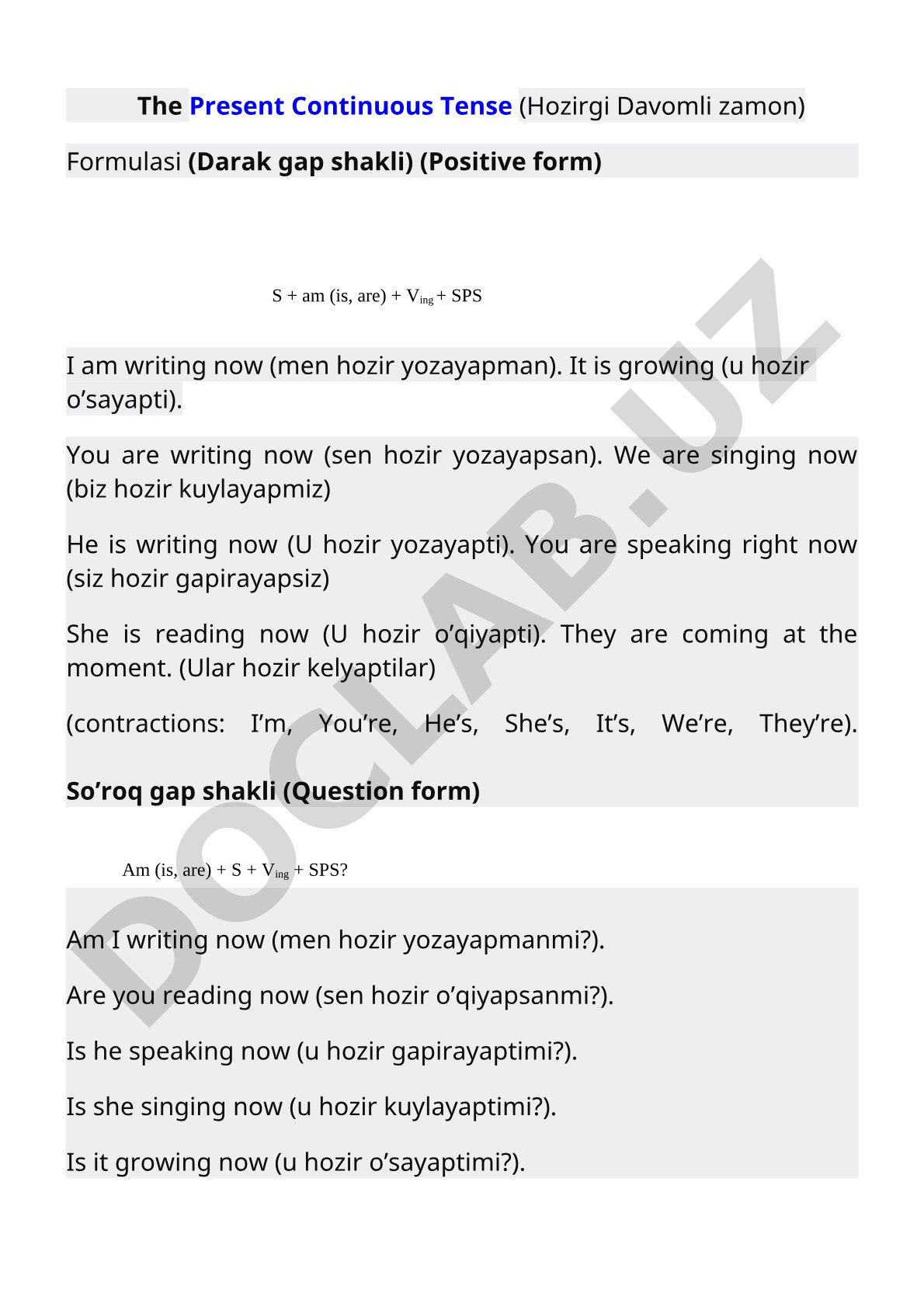 Present Continuous (Hozirgi davomli zamon) qoidalari