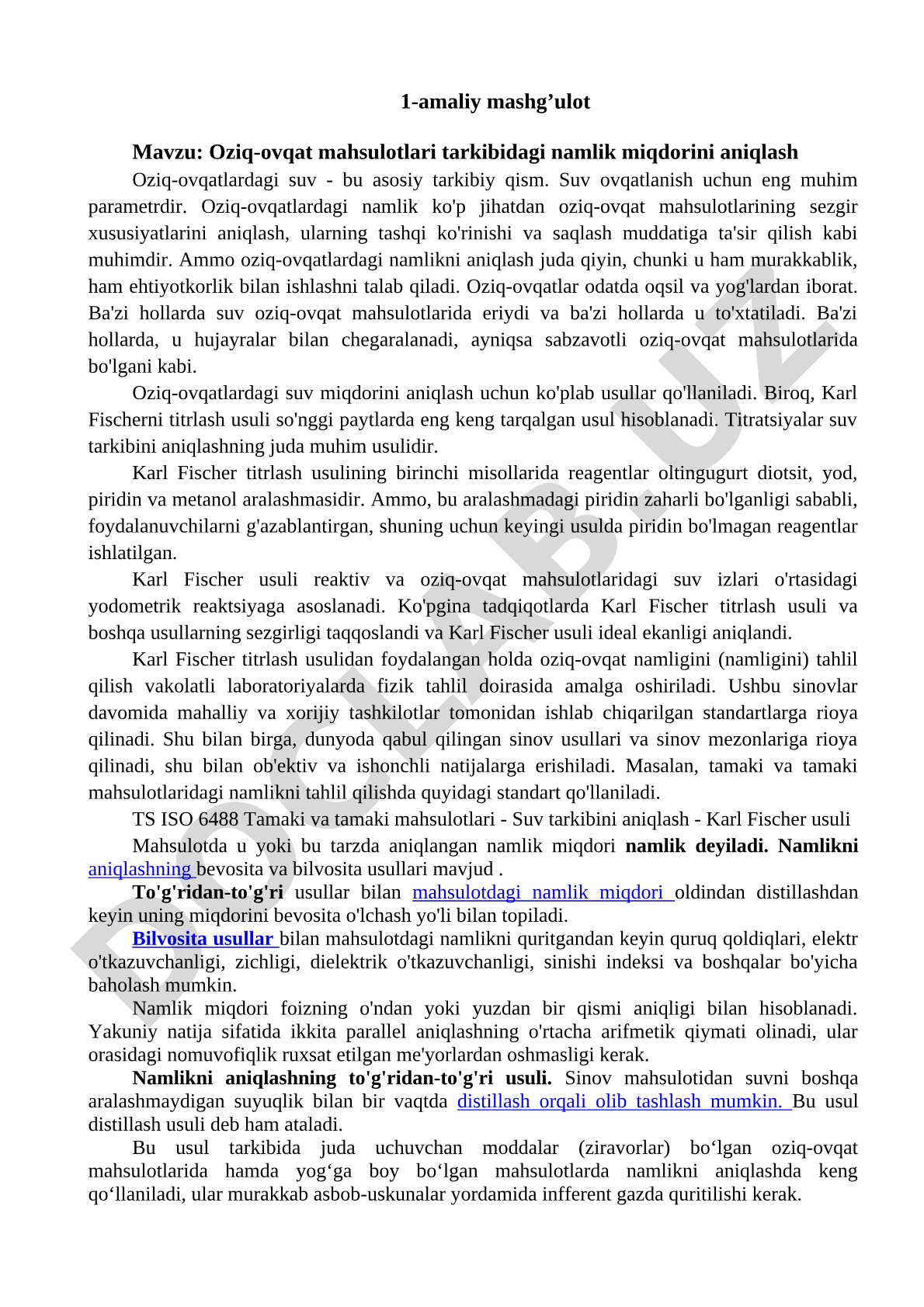 Oziq-ovqat mahsulotlari tarkibidagi namlik miqdorini aniqlash