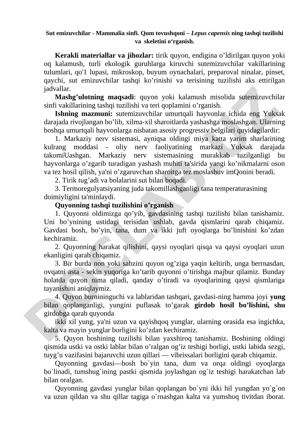 Qum tovushqoni tashqi tuzilishi va skeletini o‘rganish