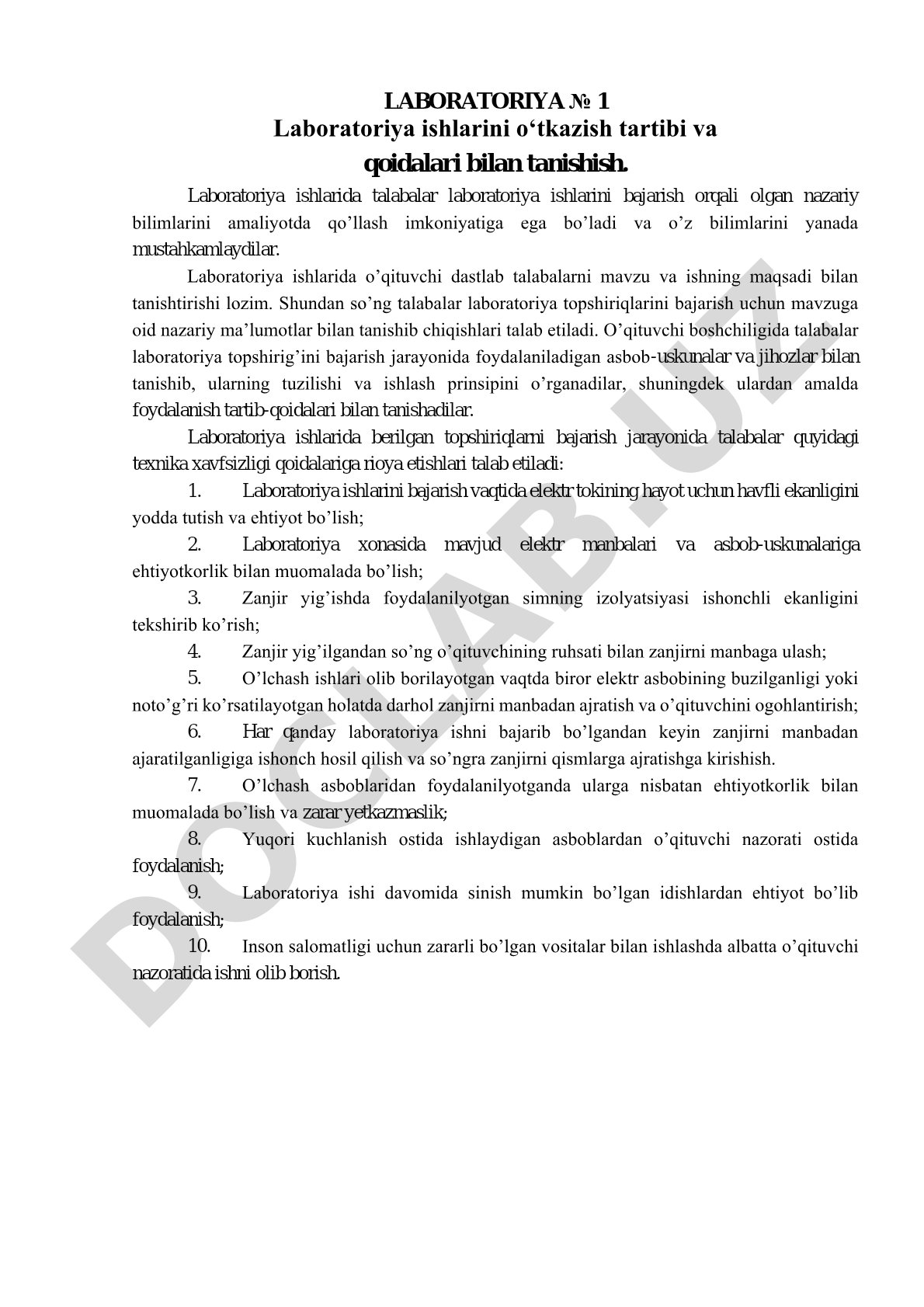Laboratoriya ishlarini o‘tkazish tartibi va qoidalari bilan tanishish