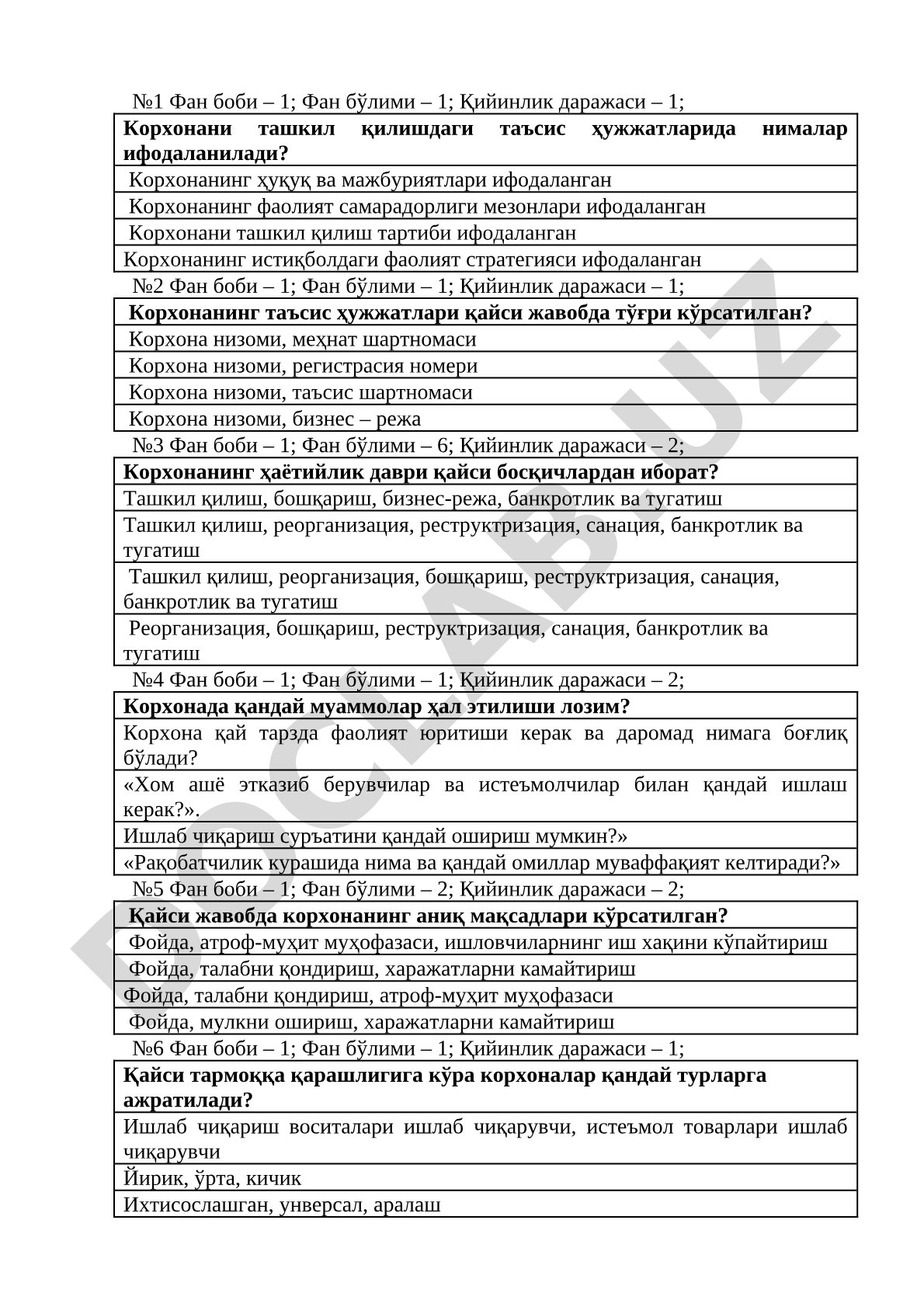 Корхонани ташкил қилиш, таъсис ҳужжатлари ва ҳаётийлик даври бўйича тест саволлари